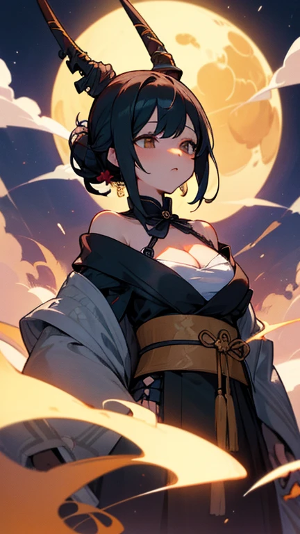 ((highest quality)), ((masterpiece)), Perfect Face, Oiran, A large full moon in the background, Angle where most of the full moon is visible, The full moon is a new yen, A bewitching atmosphere illuminated by moonlight, The hairstyle is Japanese-style by Date Hyogo, 高価で派手な和柄のOiran着物を着ている, Oiran着物の色は真紅やゴールドなどカラフル, Her hair is lavishly decorated with many hairpins., The hairpins worn are either ball-shaped hairpins made of tortoiseshell or flat hairpins with circular decorations., (Biologically correct five human fingers), ((右手に長尺のOiran煙管を持っている)), Black Hair, Japan person with a beautiful face, (The neckline of the kimono is wide open, making it off-the-shoulder.), (A little bit of shoulder is visible), (Ample breasts), ((A little bit of cleavage is visible)), 目尻に赤いアイシャドウのOiranメイク, ((右手に持った煙管は白州形のOiran煙管)), ((白州形のOiran煙管は朱塗りで吸い口と火皿部分だけは真鍮製)), (白州形のOiran煙管の持ち方は下から指を添える持ち方),