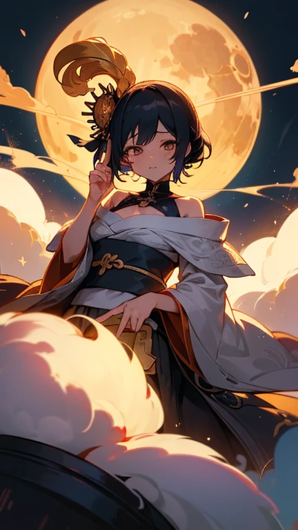 ((highest quality)), ((masterpiece)), Perfect Face, Oiran, A large full moon in the background, Angle where most of the full moon is visible, The full moon is a new yen, A bewitching atmosphere illuminated by moonlight, The hairstyle is Japanese-style by Date Hyogo, 高価で派手な和柄のOiran着物を着ている, Oiran着物の色は真紅やゴールドなどカラフル, Her hair is lavishly decorated with many hairpins., The hairpins worn are either ball-shaped hairpins made of tortoiseshell or flat hairpins with circular decorations., (Biologically correct five human fingers), ((右手に長尺のOiran煙管を持っている)), Black Hair, Japan person with a beautiful face, (The neckline of the kimono is wide open, making it off-the-shoulder.), (A little bit of shoulder is visible), (Ample breasts), ((A little bit of cleavage is visible)), 目尻に赤いアイシャドウのOiranメイク, ((右手に持った煙管は白州形のOiran煙管)), ((白州形のOiran煙管は朱塗りで吸い口と火皿部分だけは真鍮製)), (白州形のOiran煙管の持ち方は下から指を添える持ち方),