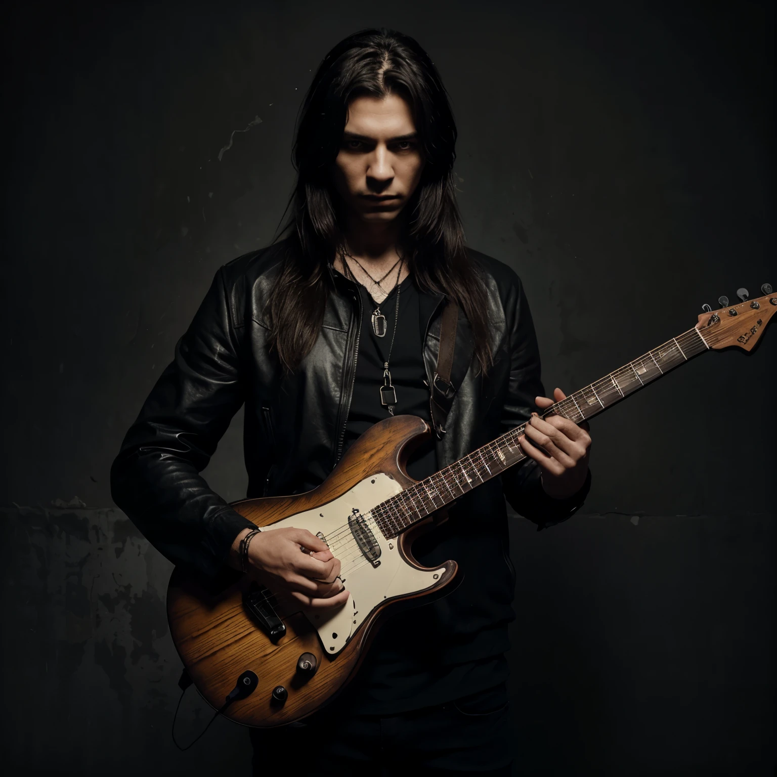 Create a realistic dark style photo of Russian singer Renato holding his guitar by his arm