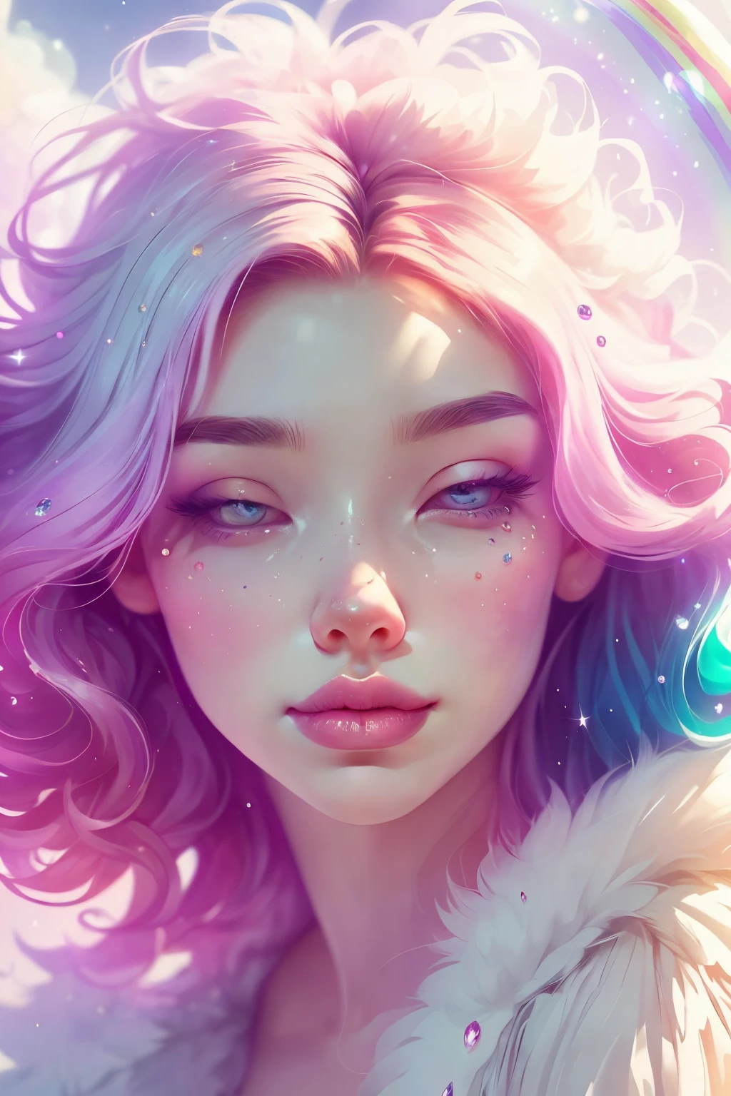 (This is a beautiful rainbow fantasy image that feels interesting and emphasizes glitter and iridescence.) Generate a ((blind)) curvy woman with colorful curly hair and milky white eyes. Her face is important and is perfectly formed with puffy lips and perfect features. (Her eyes are critically important and are (blank) and (solid white)). The image exudes ethereal beauty and soft fantasy. Include sweet and detailed birds and soft, luminous flowers in all the colors of the rainbow. The image's background is decorated in shades of pink, shimmer, glitter, and fantasy details like colored bubbles and cosmos. Utilize dynamic composition to create a compelling and action-packed image. Dramatic lighting and cinematic lighting enhance the woman's beauty and the soft colors in the artwork. (((((Perspective: head on.))))) Include fantasy, cute, colorful, colourful, interesting magic background, ((((blank eyes)))), ((((empty white eyes)))), (shirome eyes:1.3), (smirking), (perfectly rendered solid whiteeyes), ((birthmark on lip)), ((pretty lips)), beautiful background, complex background, sweet background, (((rainbow)))
