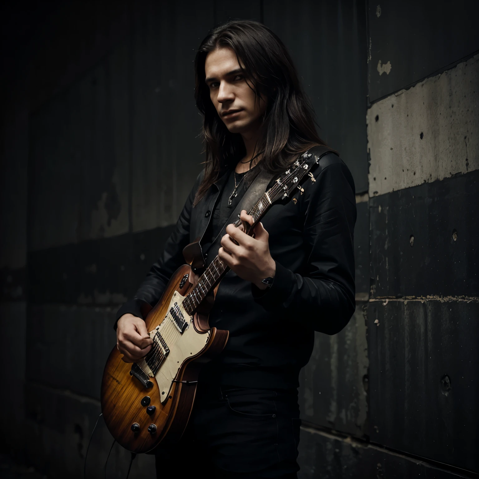 Create a realistic dark style photo of Russian singer Renato holding his guitar by his arm