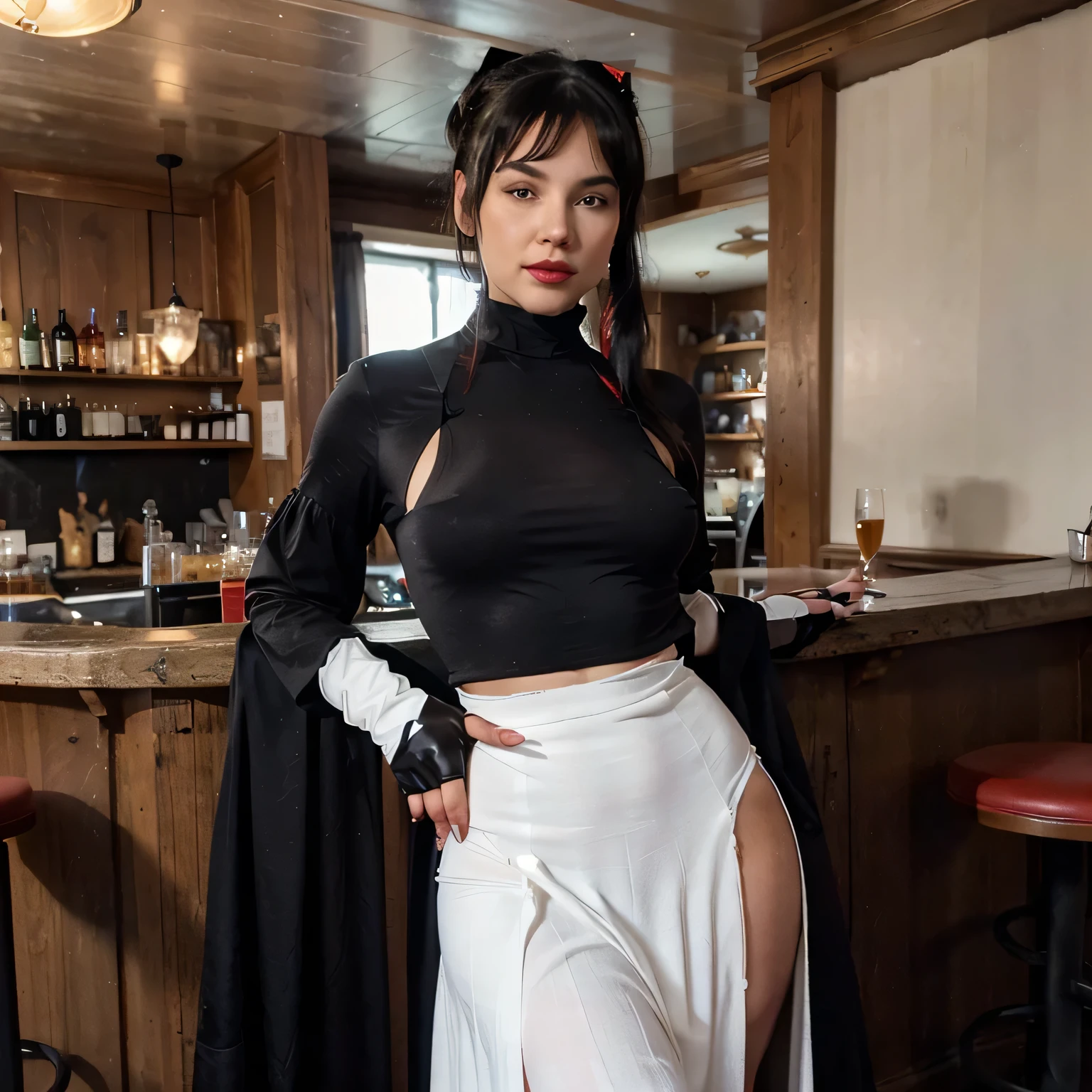 smiliong flirting with the camera Bettie Page smoking a cigarette ,clear blue eyes, red lipstick, (( detailed soft 5 fingers Black cloth gloves))black ponytail hair, relaxed, 20 years old brown coat, perfect body, high white boots, white Long maxi-skirt (black long maxi-skirt:1.2)),inside an english pub.