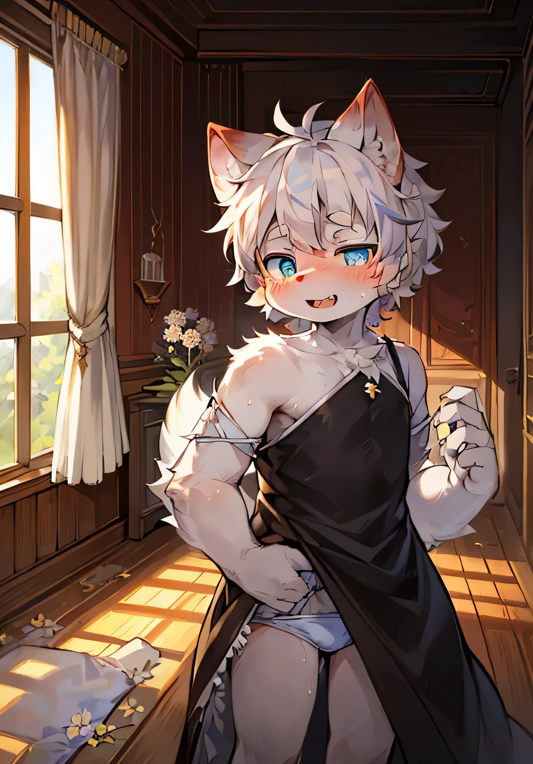 (Dark Environment:0.8),masterpiece,high quality,Abstract research,number\(artwork\), By Dagasi, Yes,Seizan,(Flower charcoalo,Fluffy fur,character focus:1.1),Flower charcoalo male cat,short hair,portrait , Bright eyes, panoramic, character focus.(Detailed background:0.7), solo, hairy, Fluorescence,pure,Love is pure, Female focus,Wearing diapers,Naked body,Wet urine state,Urine leaking from the diaper,Urinary incontinence,Shota,Flower charcoal,(Hairy, Hairy tail, White fur, blue pupils, White hair:1.2), (Long canine teeth、vampire:1.2),(Interior、night、Room、In the room、warm、Pink:1.1)