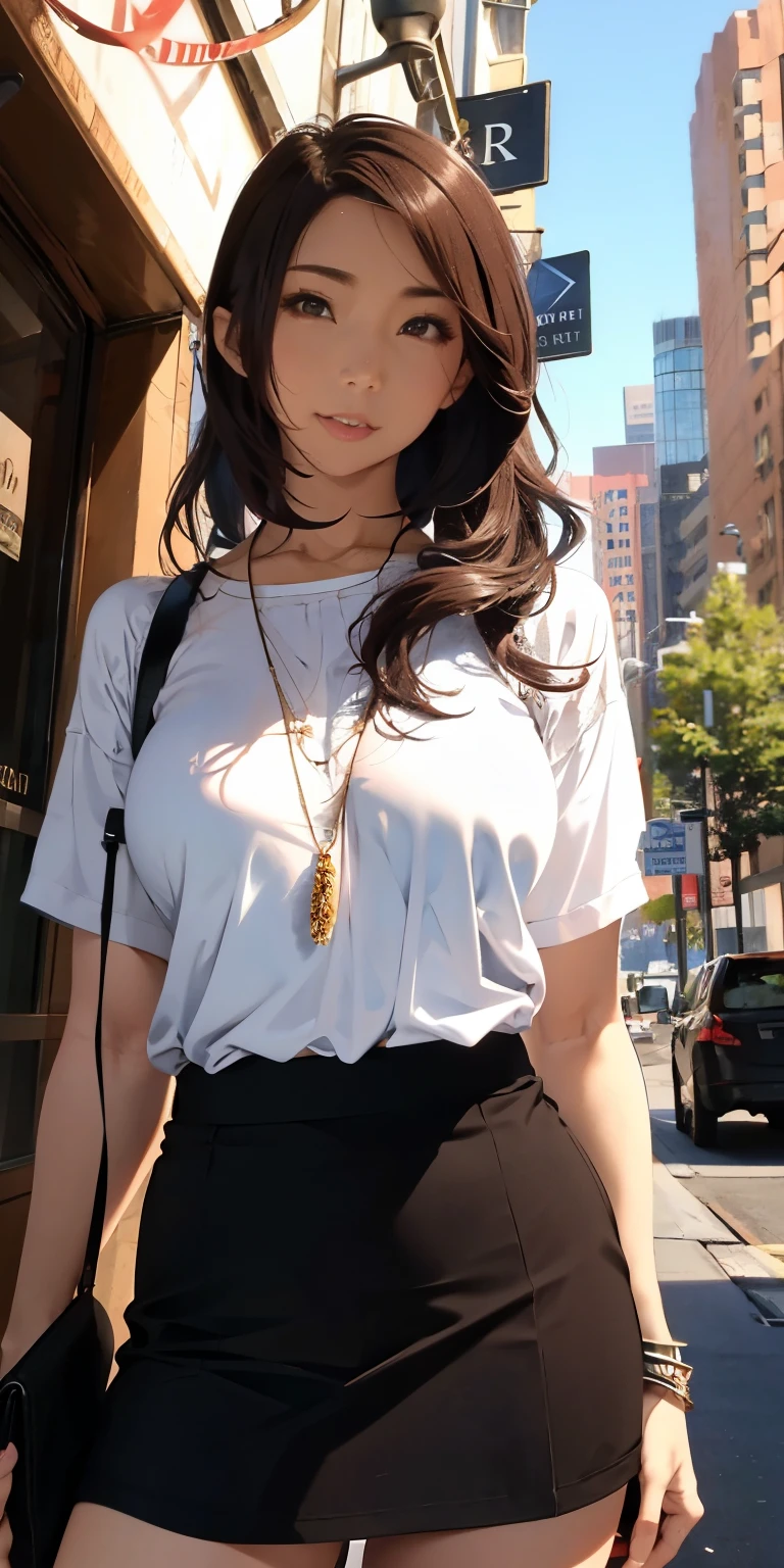 Absurd resolution, A high resolution, (masterpiece:1.4), ((gigantic braests:1.4)), ultra - detailed, 1girll, brown color eyes, cabelos preto e longos，Wear a outdoor style, the city street,sexyposture, The camera is close to the body