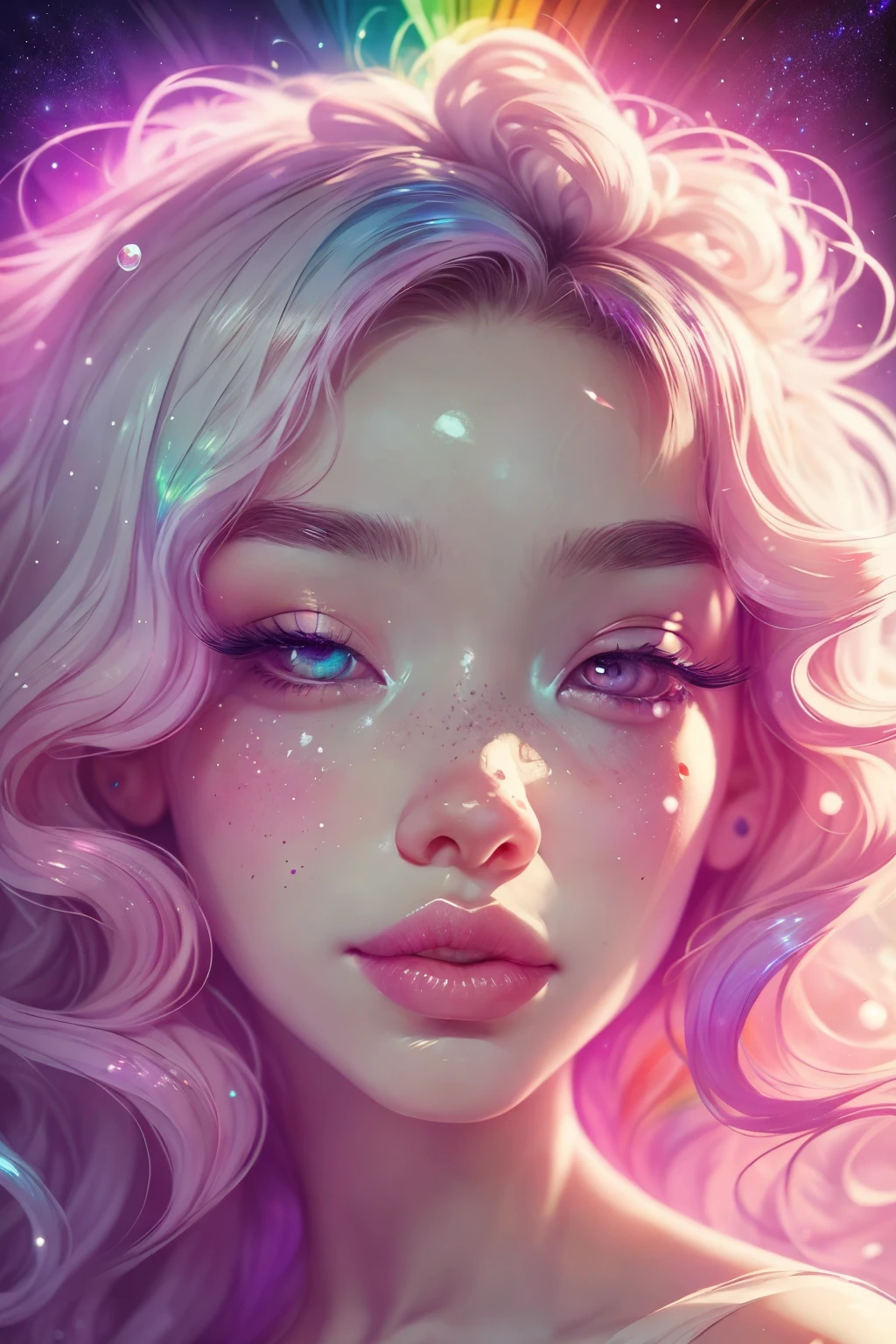 (This is a beautiful rainbow fantasy image that feels interesting and emphasizes glitter and iridescence.) Generate a ((blind)) curvy woman with colorful curly hair and milky white eyes. Her face is important and is perfectly formed with puffy lips and perfect features. (Her eyes are critically important and are (blank) and (solid white)). The image exudes ethereal beauty and soft fantasy. Include sweet and detailed birds and soft, luminous flowers in all the colors of the rainbow. The image's background is decorated in shades of pink, shimmer, glitter, and fantasy details like colored bubbles and cosmos. Utilize dynamic composition to create a compelling and action-packed image. Dramatic lighting and cinematic lighting enhance the woman's beauty and the soft colors in the artwork. (((((Perspective: head on.))))) Include fantasy, cute, colorful, colourful, interesting magic background, ((((blank eyes)))), ((((empty white eyes)))), (shirome eyes:1.3), (smirking), (perfectly rendered solid whiteeyes), ((birthmark on lip)), ((pretty lips)), beautiful background, complex background, sweet background, (((rainbow)))