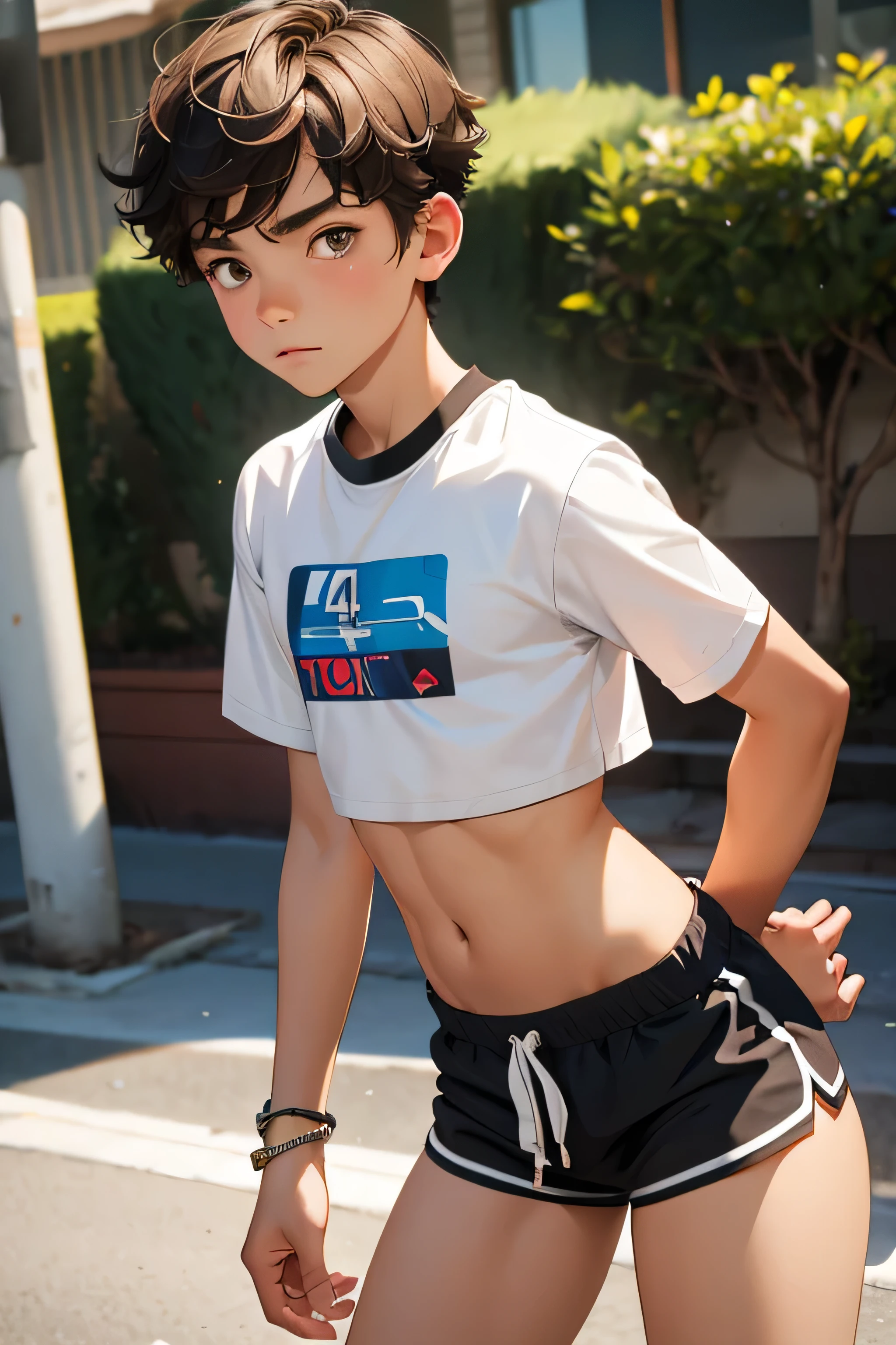 Teen boy ************, boy wears a crop top and too very short shorts,