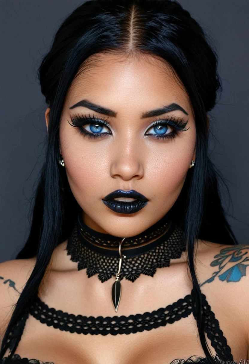 Create a photo realistic hyper realistic heavily tattooed young adorable American Indian goth girl, beautiful perfect face, vibrant sapphire eyes, thin curved black eyebrows, long luscious eyelashes, black eyeliner, black eye shadow, puckered curved lips, thick black lipstick, long natural african hair, black lace choker collar, voluptuous curved body, black lingerie, black thong,