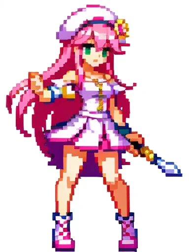 Pixel art, full body, facing left, pink and white, holding a spear, magical girl, beret, long hair, loose, showing shoulders. Hair color: Soft, pale pink hair. Eye color: green eyes. Clothes: Clothes based on white and pink. She wears a white off-the-shoulder top with a pink collar and buttons that reveal her collarbone, and a skirt shaped like a downward-pointing lotus flower. Accessories: A pink flower decoration is attached to the right hair. Weapon in hand: A long spear with pink and white decorations.