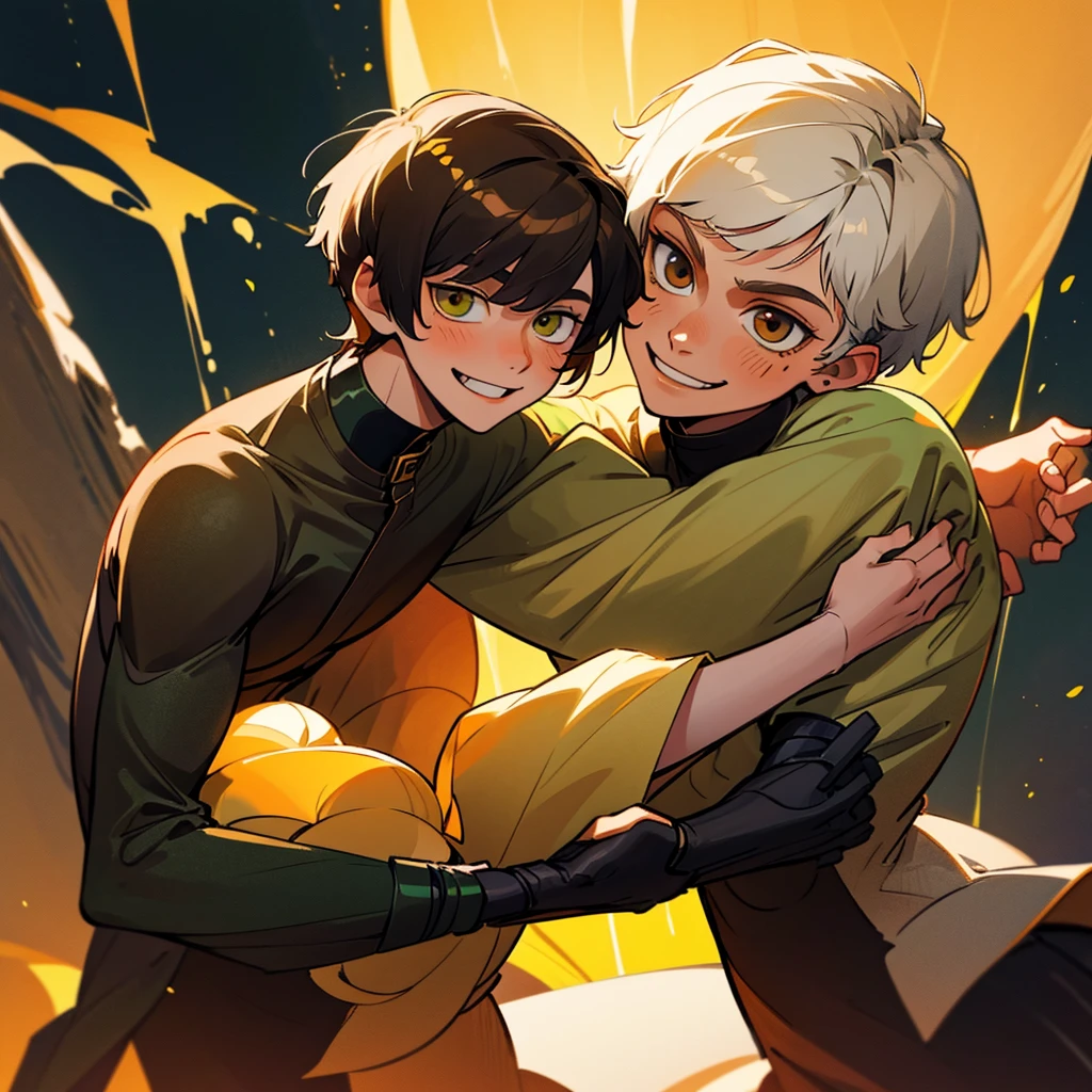 Two young men hugging.one is beautiful ,18years old with white short hair and green eyes with cute smile.the other is serious characterized ,23years old with black wolfy haircut and yellowish brown eyes,smiling with soft smile