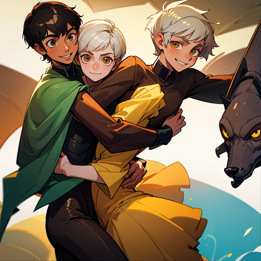 Two young men hugging.one is beautiful ,18years old with white short hair and green eyes with cute smile.the other is serious characterized ,23years old with black wolfy haircut and yellowish brown eyes,smiling with soft smile