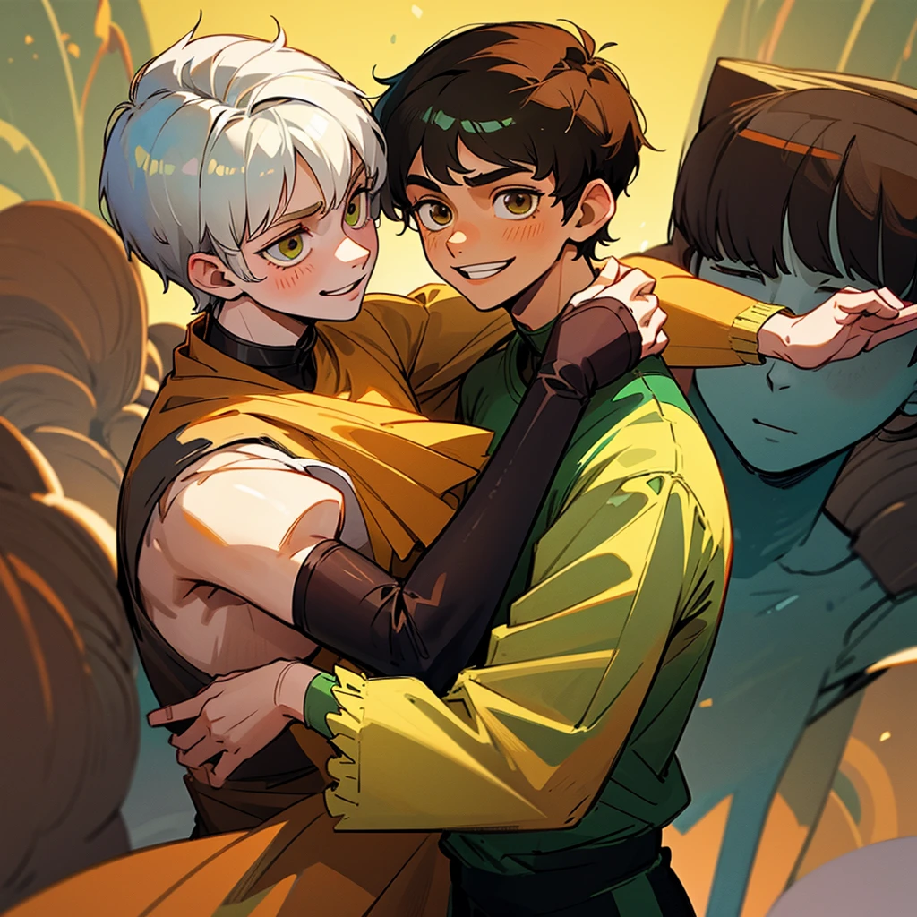 Two young men hugging.one is beautiful ,18years old with white short hair and green eyes with cute smile.the other is serious characterized ,23years old with black wolfy haircut and yellowish brown eyes,smiling with soft smile