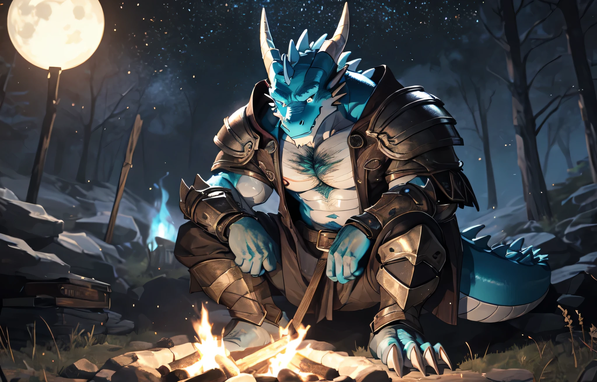 solo, kemono, (dragon), anthro, male, ((black-cyan body)),((white stomach)),((white chest hair)), scales, tail, muscles, handsome, armor, medieval, fantasy, outdoors, outside, dark, night, forest, campfire, camp, stars, sitting, toe claws, epic, depth of field, perfect lighting, (light particles),(best quality),(masterpiece),(ultra detailed),sharp focus,light particles