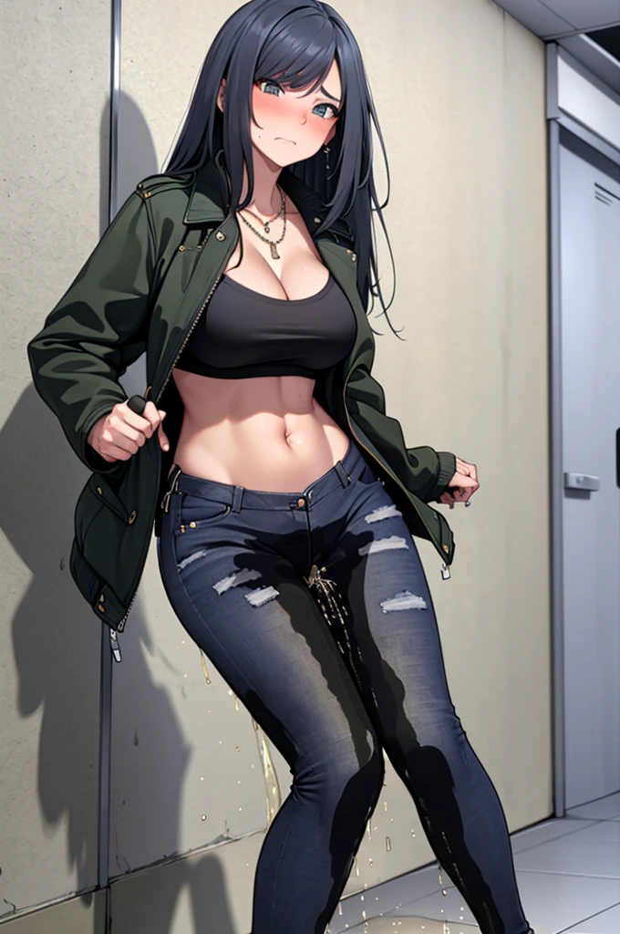 A woman with very long black hair and (very long bangs:1.5), wearing a (stylish long jacket:1.5) and tight jeans, (low-rise jeans:1.25), (low-cut jeans:1.25), standing. The artwork is inspired by manga and incorporates a doujin style. The woman appears to be (wetting herself:1.5), which causes her to feel incredibly embarrassed and humiliated, resulting in an intense and vibrant blush on her face. She is tightly grabbing her crotch with both hands in desperation (grabbing crotch:1.25), (covering crotch:1.25), (hands between legs., there is also a look of anger in her expression. The lighting in the scene is moody, with a spotlight highlighting the woman's figure. She has a very large pee stain on her jeans., large breasts, navel, midriff, groin, mound of venus, cleavage, diamond necklace, bikini top, thin