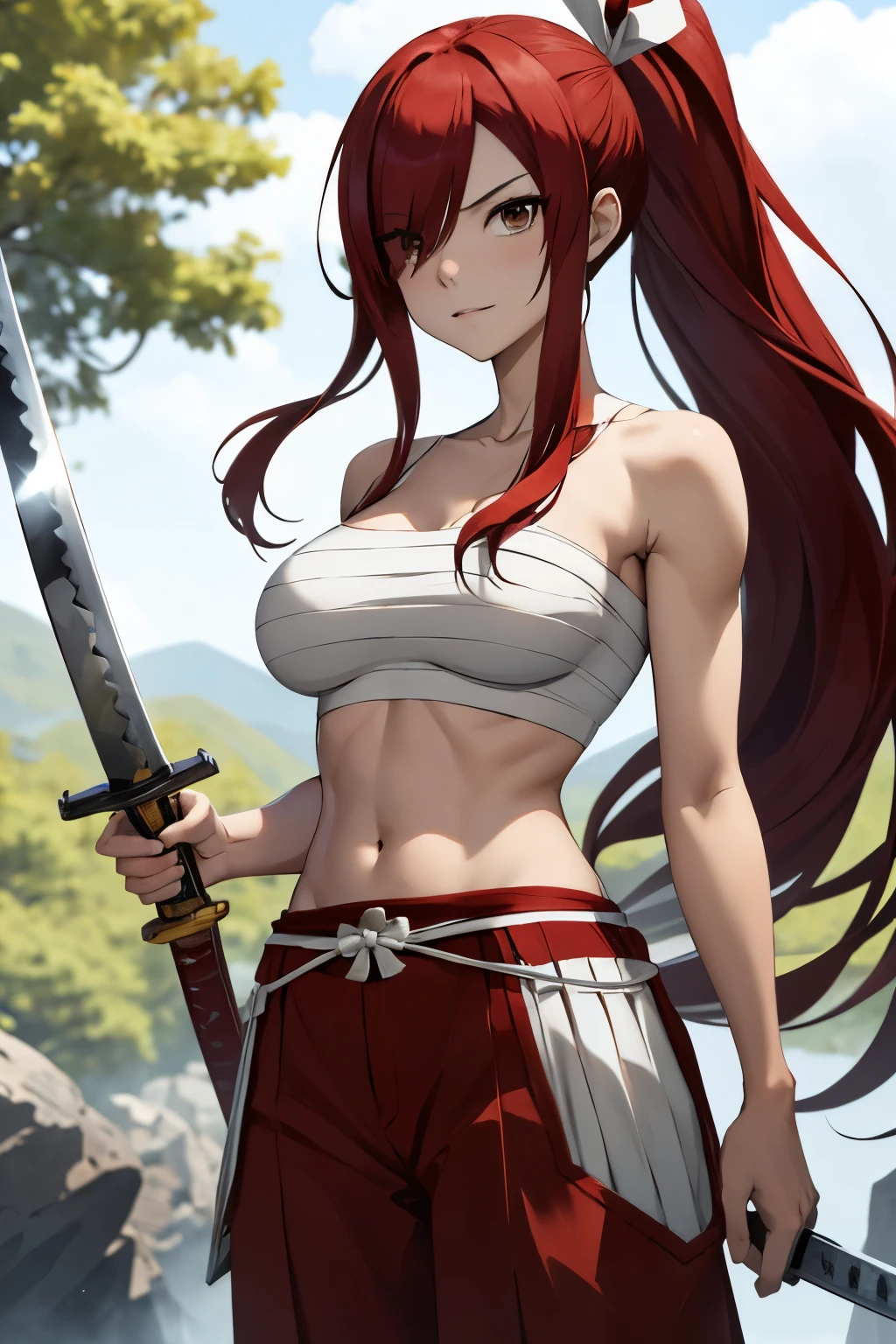 masterpiece, best quality, highres, fairy tail, 1girl, long hair, red hair, ponytail, white ribbon, hair over one eye, brown eyes, large breasts, collarbone, chest sarashi, bandage, bare arms, midriff, red hakama, red pants, standing, holding weapon, sword, katana, outdoors,
