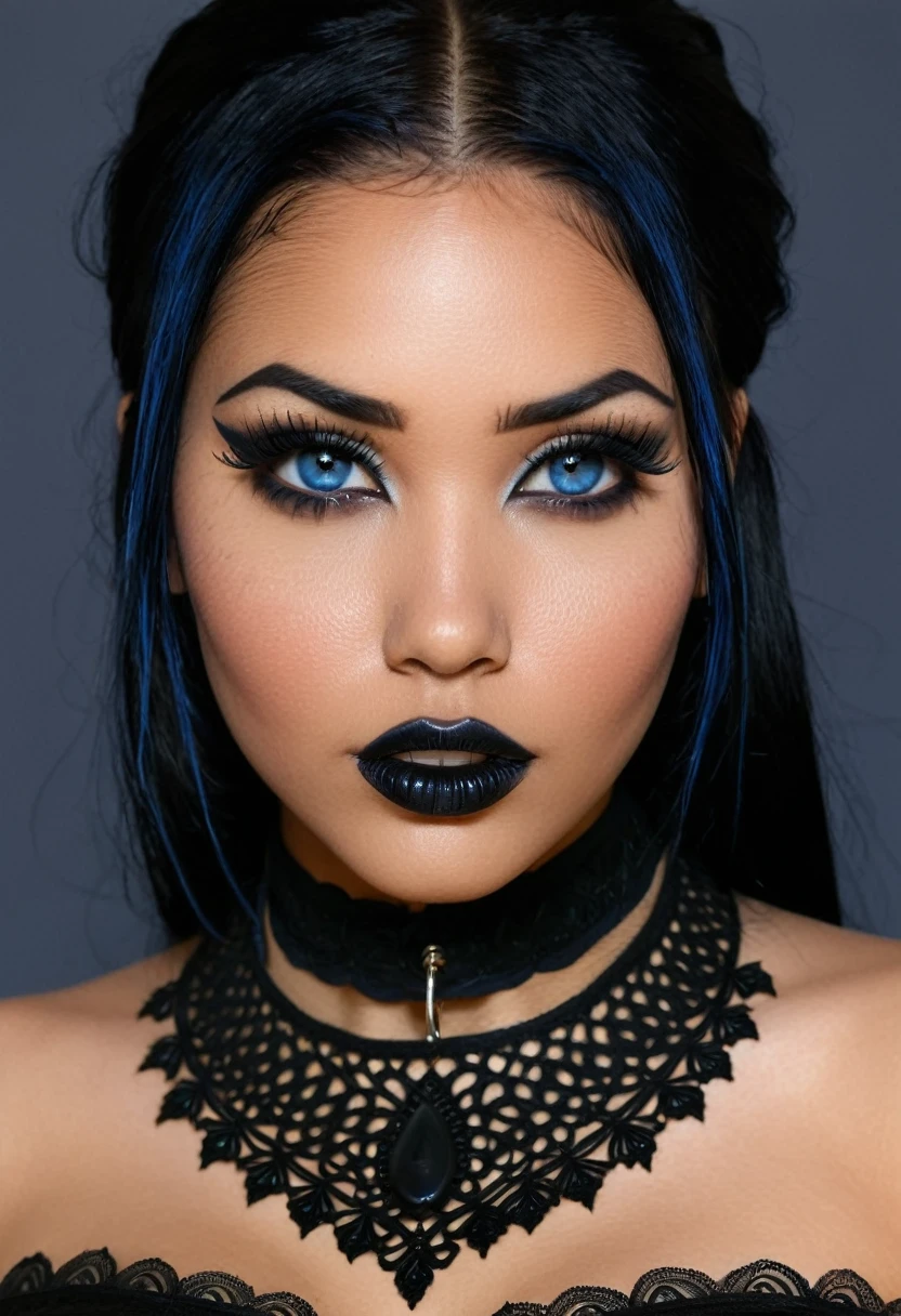Create a photo realistic hyper realistic heavily tattooed young adorable native American goth girl, beautiful perfect face, vibrant sapphire eyes, thin curved black eyebrows, long luscious eyelashes, black eyeliner, black eye shadow, puckered curved lips, thick black lipstick, long natural african hair, black lace choker collar, voluptuous curved body, black lingerie, black thong,