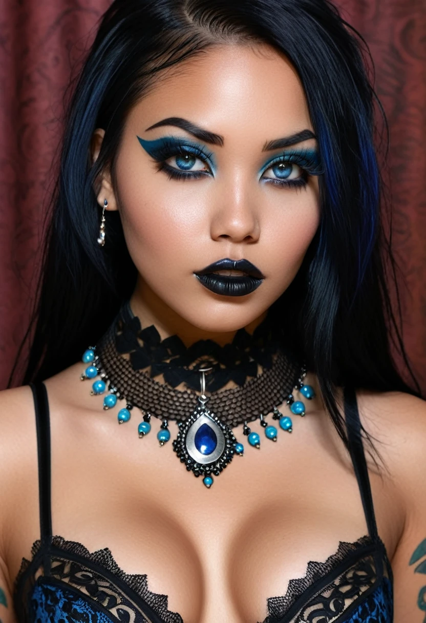 Create a photo realistic hyper realistic heavily tattooed young adorable native American goth girl, beautiful perfect face, vibrant sapphire eyes, thin curved black eyebrows, long luscious eyelashes, black eyeliner, black eye shadow, puckered curved lips, thick black lipstick, long natural african hair, black lace choker collar, voluptuous curved body, black lingerie, black thong,