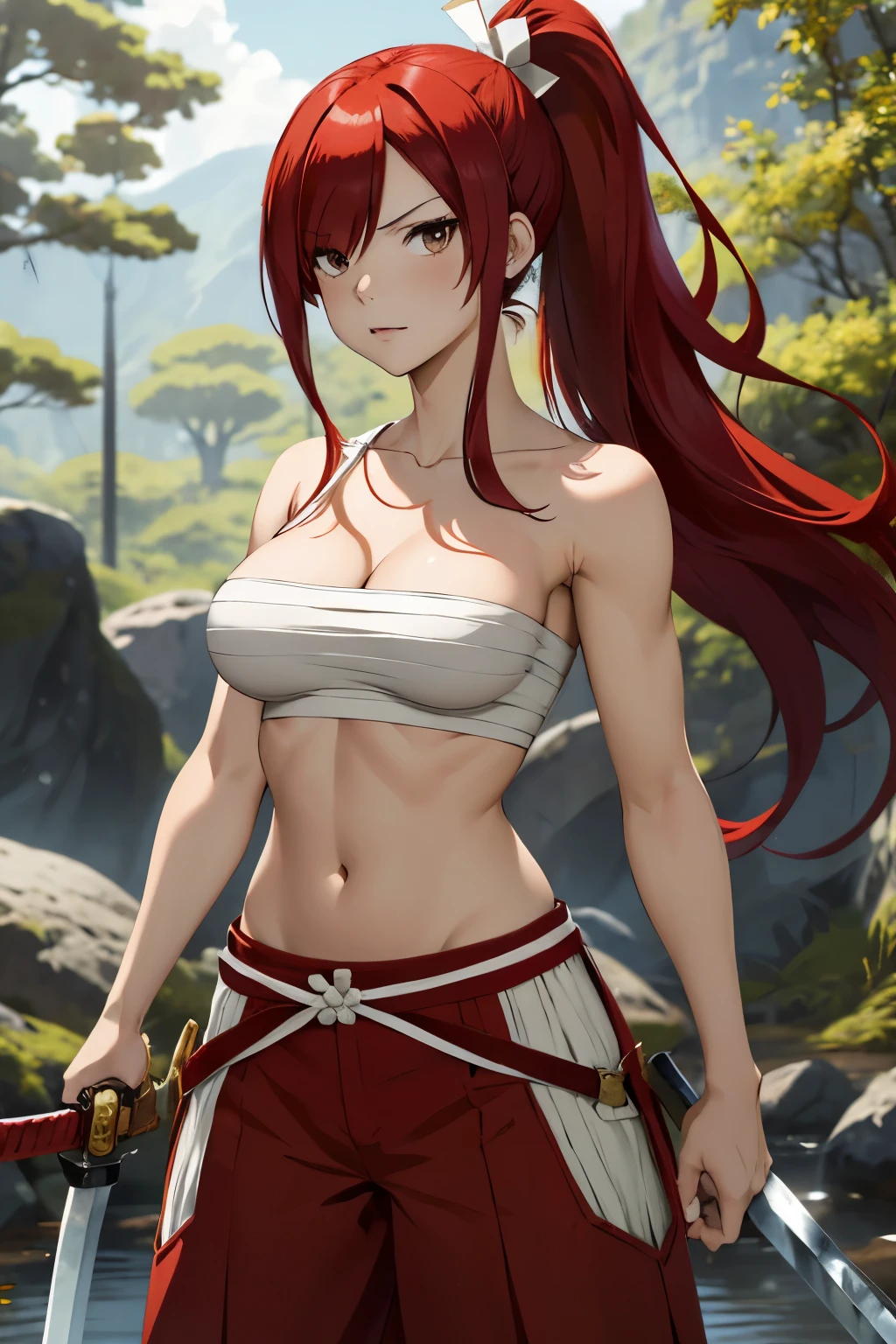 masterpiece, best quality, highres, fairy tail, 1girl, long hair, red hair, ponytail, white ribbon, hair over one eye, brown eyes, large breasts, collarbone, chest sarashi, bandage, bare arms, midriff, red hakama, red pants, standing, holding weapon, sword, katana, outdoors,