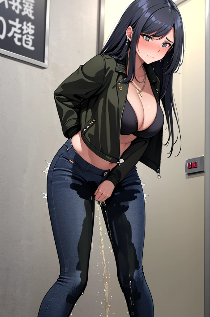 A woman with very long black hair and (very long bangs:1.5), wearing a (stylish long jacket:1.5) and tight jeans, (low-rise jeans:1.25), (low-cut jeans:1.25), standing. The artwork is inspired by manga and incorporates a doujin style. The woman appears to be (wetting herself:1.5), which causes her to feel incredibly embarrassed and humiliated, resulting in an intense and vibrant blush on her face. She is tightly grabbing her crotch with both hands in desperation (grabbing crotch:1.25), (covering crotch:1.25), (hands between legs., there is also a look of anger in her expression. The lighting in the scene is moody, with a spotlight highlighting the woman's figure. She has a very large pee stain on her jeans., large breasts, navel, midriff, groin, mound of venus, cleavage, diamond necklace, bikini top, thin