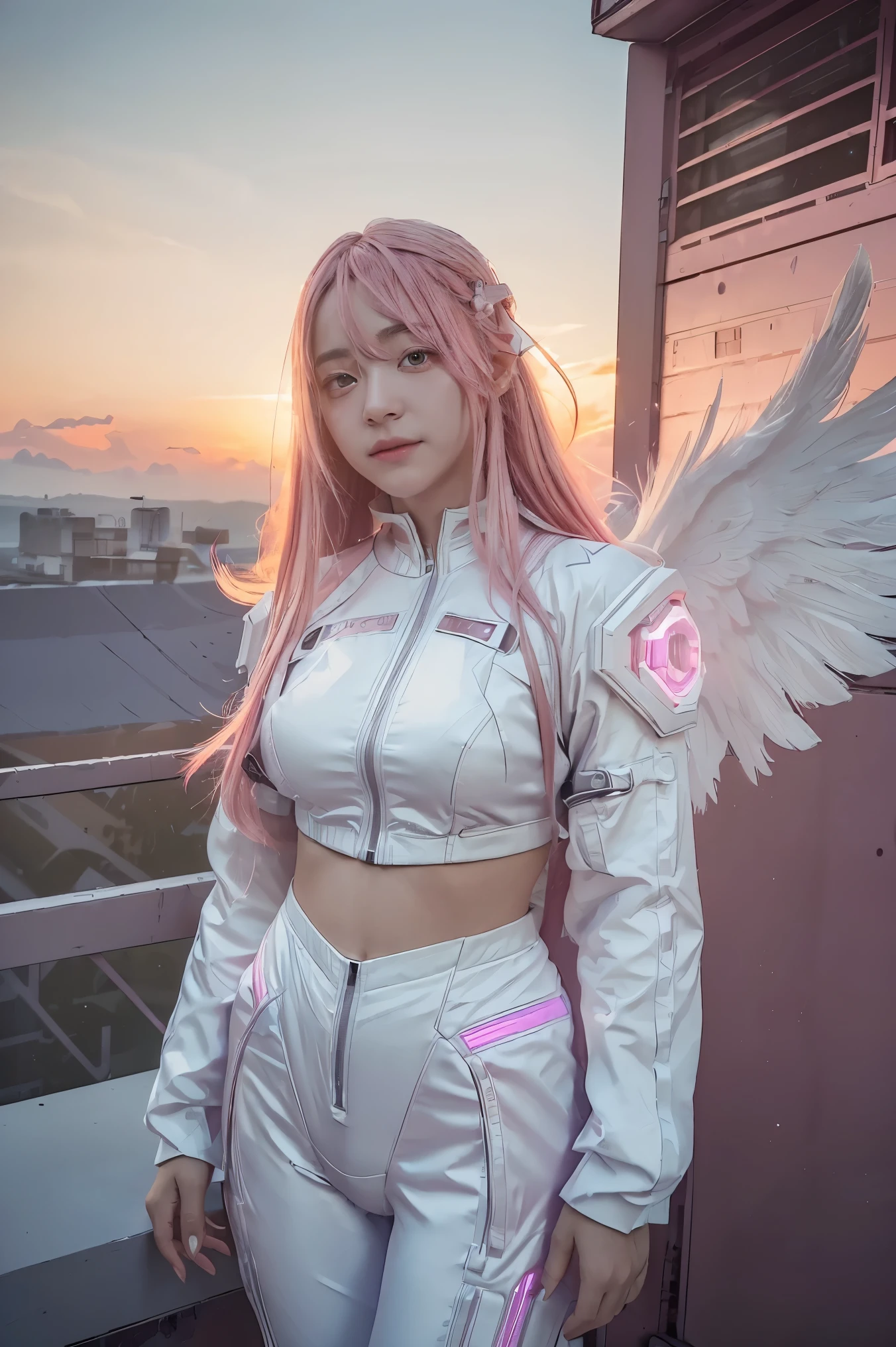 ((masterpiece, best quality, extremely detailed), volumetric lighting, ambient occlusion, colorful, glowing),
1girl, solo, young girl, (pink hair), long hair, halo, aura, sacred, godness, cyber suit, (white outfit:1.3), android, bot, angel wings,
outdoors, sunset, sky, clouds, space, (cyberpunk theme:1.2),