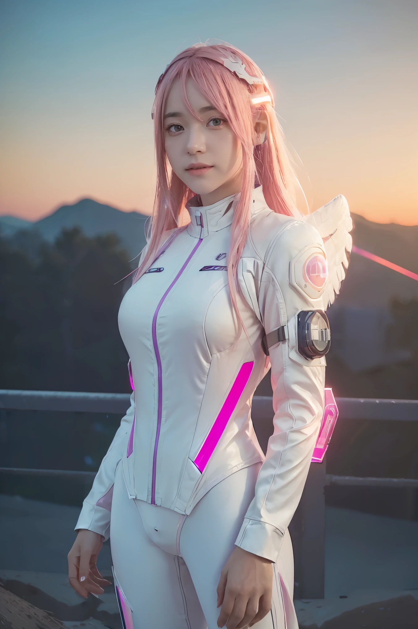 ((masterpiece, best quality, extremely detailed), volumetric lighting, ambient occlusion, colorful, glowing),
1girl, solo, young girl, (pink hair), long hair, halo, aura, sacred, godness, cyber suit, (white outfit:1.3), android, bot, angel wings,
outdoors, sunset, sky, clouds, space, (cyberpunk theme:1.2),