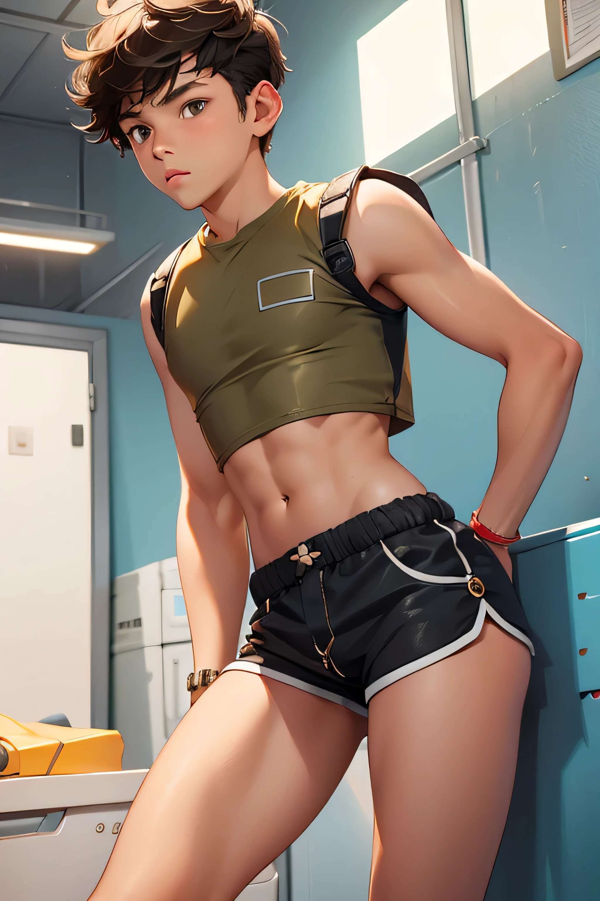 boy 14 yy wears a crop top and too very short shorts,