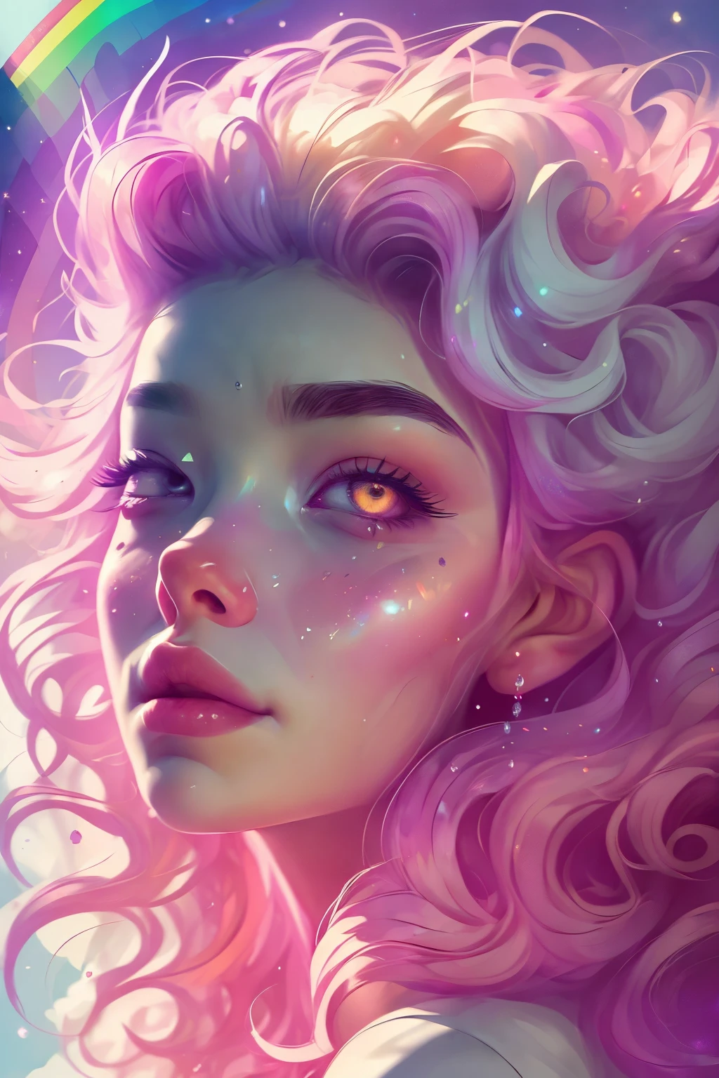 (This is a beautiful rainbow fantasy image that feels interesting and emphasizes glitter and iridescence.) Generate a ((blind)) curvy woman with colorful curly hair and milky white eyes. Her face is important and is perfectly formed with puffy lips and perfect features. (Her eyes are critically important and are (blank) and (solid white)). The image exudes ethereal beauty and soft fantasy. Include sweet and detailed birds and soft, luminous flowers in all the colors of the rainbow. The image's background is decorated in shades of pink, shimmer, glitter, and fantasy details like colored bubbles and cosmos. Utilize dynamic composition to create a compelling and action-packed image. Dramatic lighting and cinematic lighting enhance the woman's beauty and the soft colors in the artwork. (((((Perspective: head on.))))) Include fantasy, cute, colorful, colourful, interesting magic background, ((((blank eyes)))), ((((empty white eyes)))), (shirome eyes:1.3), (smirking), (perfectly rendered solid whiteeyes), ((birthmark on lip)), ((pretty lips)), beautiful background, complex background, sweet background, (((rainbow)))