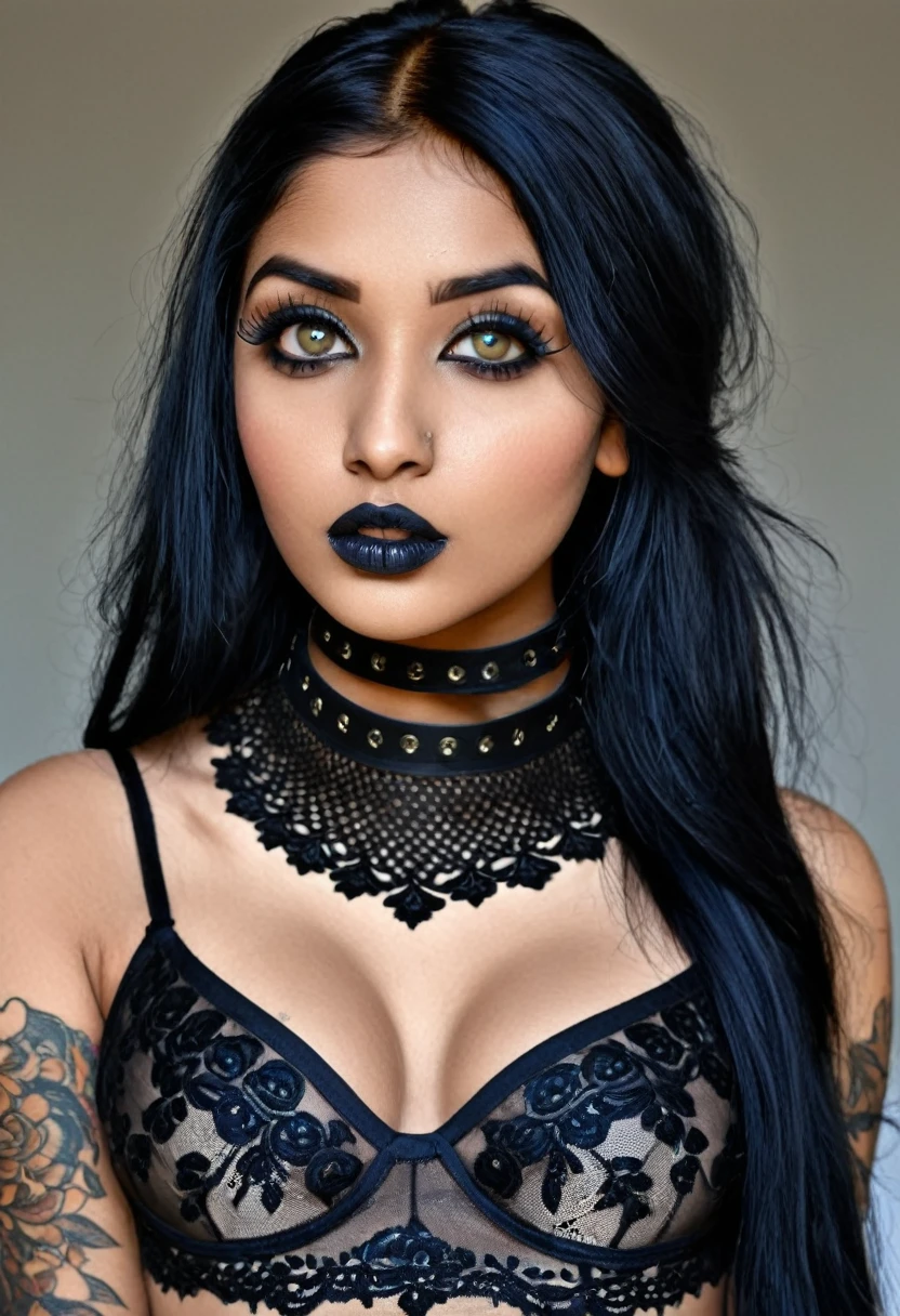 Create a photo realistic hyper realistic heavily tattooed young adorable Indian goth girl, beautiful perfect face, vibrant sapphire eyes, thin curved black eyebrows, long luscious eyelashes, black eyeliner, black eye shadow, puckered curved lips, thick black lipstick, long natural african hair, black lace choker collar, voluptuous curved body, black lingerie, black thong,