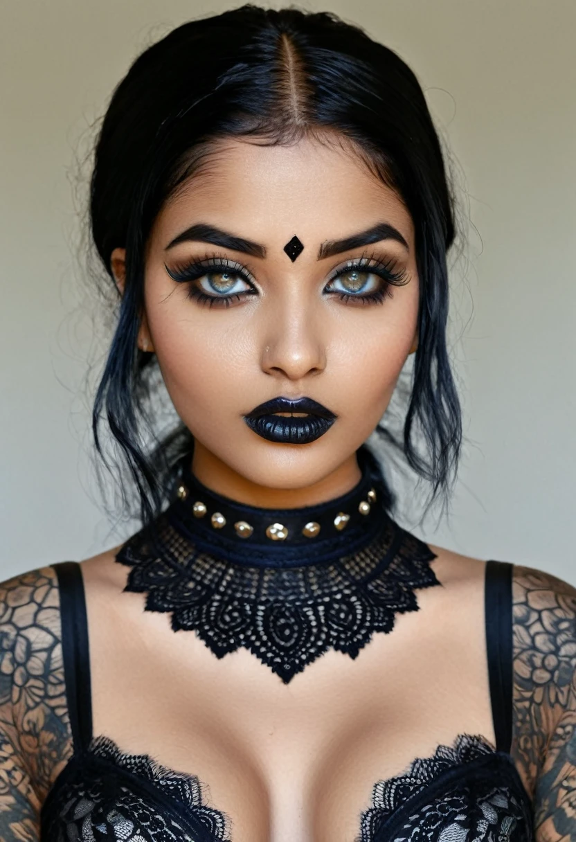 Create a photo realistic hyper realistic heavily tattooed young adorable Indian goth girl, beautiful perfect face, vibrant sapphire eyes, thin curved black eyebrows, long luscious eyelashes, black eyeliner, black eye shadow, puckered curved lips, thick black lipstick, long natural african hair, black lace choker collar, voluptuous curved body, black lingerie, black thong,