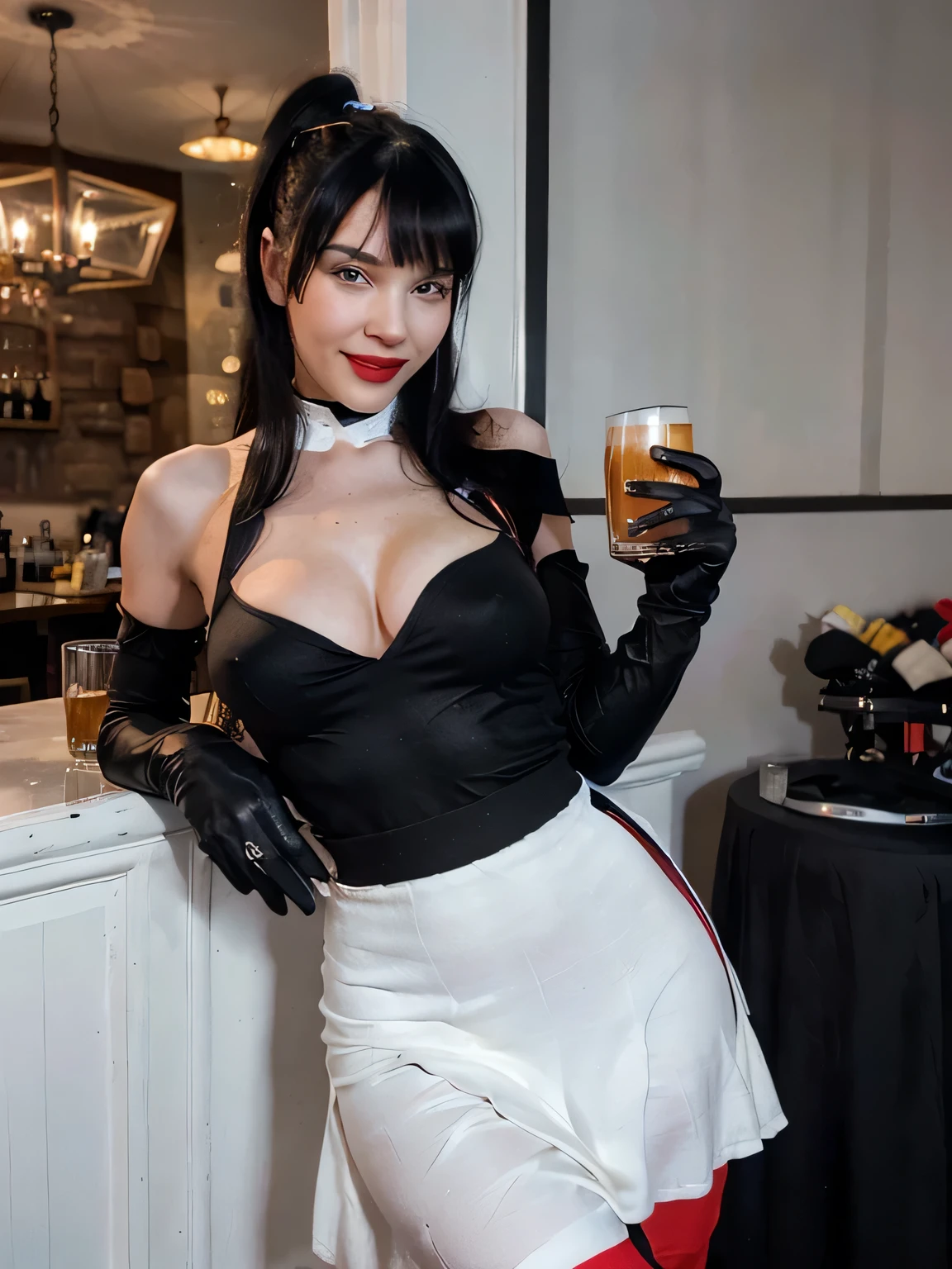 smiling flirting with the camera Bettie Page drinking a glass of beer,clear blue eyes, red lipstick, (( detailed soft 5 fingers Black cloth gloves))black ponytail hair, relaxed, 20 years old m black toutleneck sweater, black eyemask, perfect body, high white boots, white Long maxi-skirt (black long maxi-skirt:1.2)),inside an english pub.