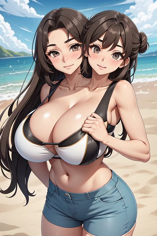 2 heads, a tall skinny woman with 2 heads. Outside at the beach. Wearing swimsuit. Deep cleavage. Enormous round fake breasts. Big messy brown hair in a bun. . Cute thin face. Blushing. Aroused. Gigantic fake breasts. Gripping breast. Slutty. Wife. Mother. Wide hips. In love. Blushing. Smiling wide.