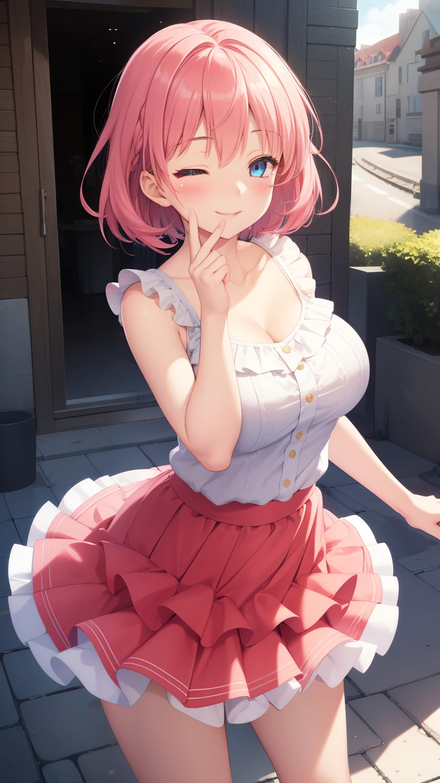 1girl, natural lighting, masterpiece, highly detailed, illustration, game CG, absurdres, high quality, aichan, large breasts, beautiful detailed eyes, short bright pink hair, fluffy hair, light smile, frilly sleeveless top, collarbone, miniskirt, layered skirt, tiered skirt, outside, dynamic pose, one eye closed