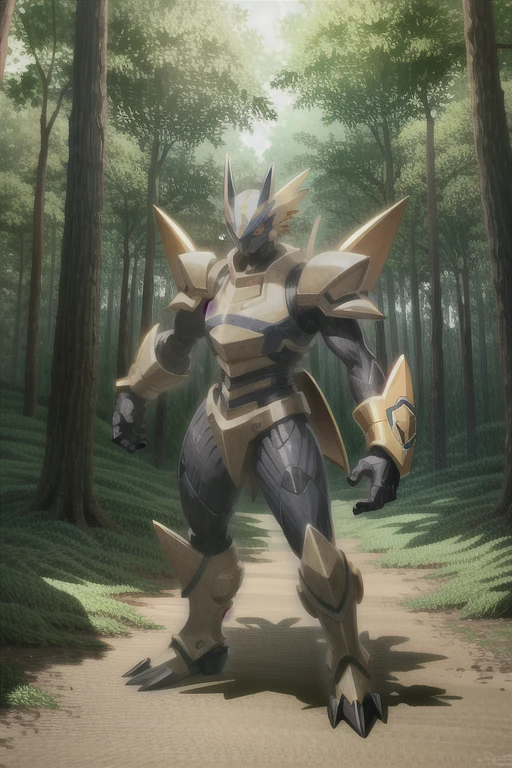 masterpiece, best quality, gabumon, solo, claws, creature, full body, red eyes, sharp teeth, single horn, solo, standing, digimon \(creature\), looking at viewer, forest background