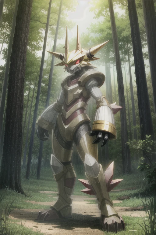 masterpiece, best quality, gabumon, solo, claws, creature, full body, red eyes, sharp teeth, single horn, solo, standing, digimon \(creature\), looking at viewer, forest background