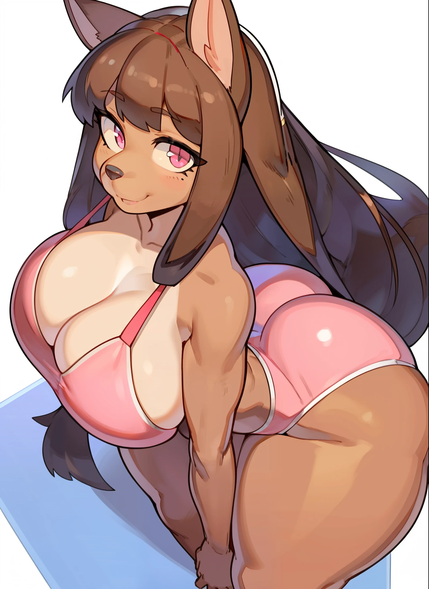 by by buta99, by chelodoy, by spikedmauler, by cervina7, solo, female, standing, looking at viewer, ((hair, snout)), smiling, lips, eyelashes, eyeliner, big breasts, cleavage, , light brown fur, pink eyes, sexy, light brown hair, long light brown hair, skinny, canine, pink, kawaii, sparkles, big eyes, domestic dog, small waist, huge thighs, huge ass, , define, huge butt, pink kawaii clothes, sexy, long hair, funny face, sexy pose, arched back, hourglass body, from above