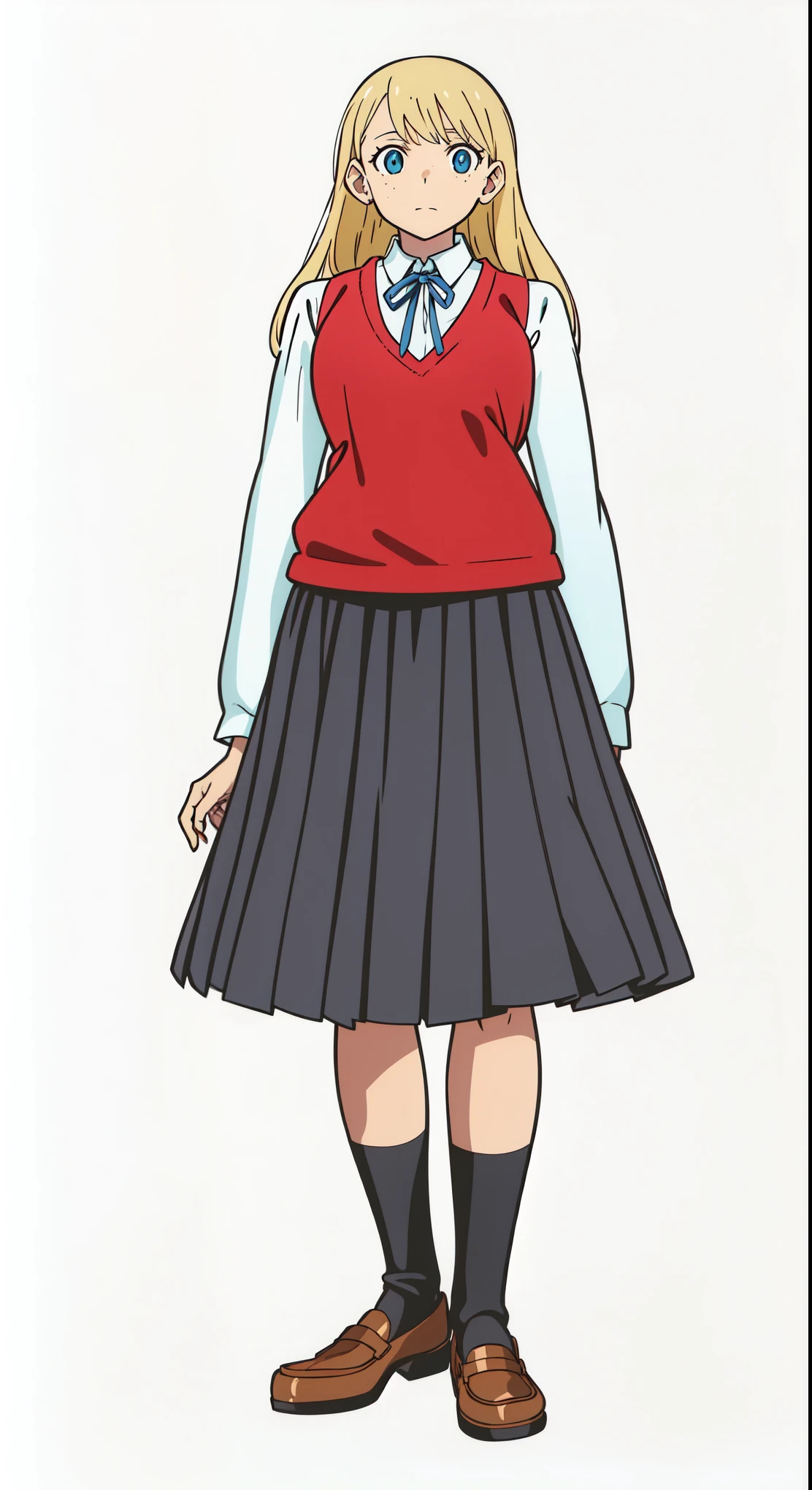 (best quality:1.0), (masterpiece:1.0), (super fine illustration:1.0), (beautiful artwork:1.0), (anime screencap:1.0), (official art:1.0), (european:1.0), (cheerful:1.0), (white background:1.0), (best quality:1.0), (masterpiece:1.0), (super fine illustration:1.0), (beautiful artwork:1.0), (anime screencap:1.0), (official art:1.0), (solo:1.0), (european:1.0), (a 18yo cute girl:1.0), (long skirt:1.0), (black skirt:1.0), (pleated skirt:1.0), (red knit vest:1.0), (white long sleeve collared shirt:1.0), (blue neck ribbon:1.0), (loafers:1.0), (black socks:1.0), (ideal ratio body proportions:1.0), (lanky:1.0), (tall:1.0), (slender:1.0), (small breasts:1.0), (smaller face:1.0), (tareme:1.0), (freckles:1.0), (detailed beautiful eyes:1.0), (detailed beautiful face:1.0), (glowing blue eyes:1.0), (long hair:1.0), (swept bangs:1.0), (blonde hair:1.0), (standing:1.0), (looking at viewer:1.0)