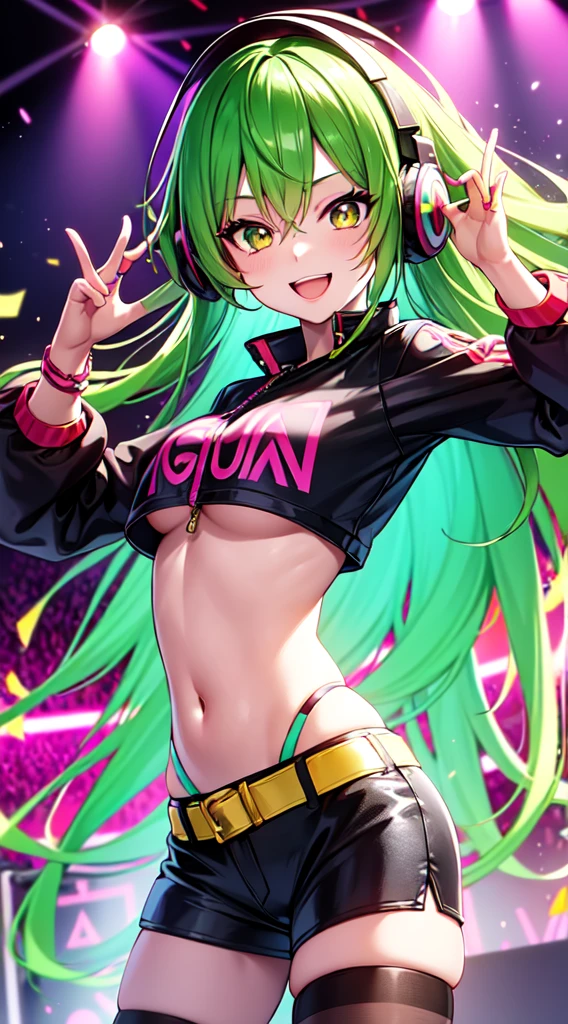 anime girl,club jacket and shorts, headphones,DJ turntable set,club lighting,stage,confetti,dancing,smiling,(best quality:1.2),(ultra-detailed:1.2),(realistic:1.37),HDR,vivid colors,portraits,shorts,headphone girl,energetic pose,colorful lights,stage set,confetti raining,joyful expression,dance floor ,anime style, atmosphere,techno music,electronic dance music,festival vibes,hip hop beats,festival outfit,energetic dance moves,expressive eyes,long hairstyle with vibrant green and red color hair, gold eyes, elaborate makeup neon lights,beaming smile,positive vibes,high-energy performance,stylized backgrounds,colorful visuals,excitement in the air, mid body portrait, back turned