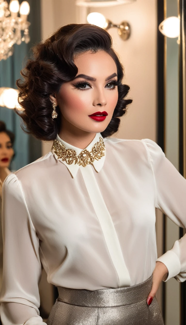 The image features a woman exuding an air of elegance and glamour. Her makeup is done in a sophisticated style, with defined eyeliner, voluminous lashes, and a bold lip color that adds a touch of drama to her look. Her hair is styled in loose curls, enhancing her overall allure. She is wearing a white blouse with a subtle detail on the collar, which adds a touch of refinement to her attire. The lighting in the photograph is warm and soft, highlighting her features and creating a glamorous atmosphere. The background suggests an upscale setting, possibly a dressing room or a boutique, with a mirror and lights that contribute to the luxurious ambiance.