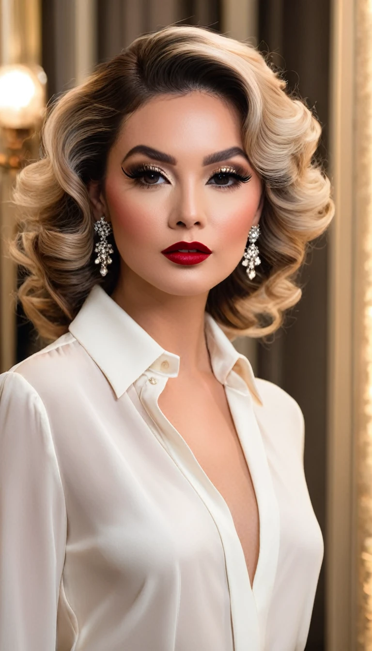 The image features a woman exuding an air of elegance and glamour. Her makeup is done in a sophisticated style, with defined eyeliner, voluminous lashes, and a bold lip color that adds a touch of drama to her look. Her hair is styled in loose curls, enhancing her overall allure. She is wearing a white blouse with a subtle detail on the collar, which adds a touch of refinement to her attire. The lighting in the photograph is warm and soft, highlighting her features and creating a glamorous atmosphere. The background suggests an upscale setting, possibly a dressing room or a boutique, with a mirror and lights that contribute to the luxurious ambiance.