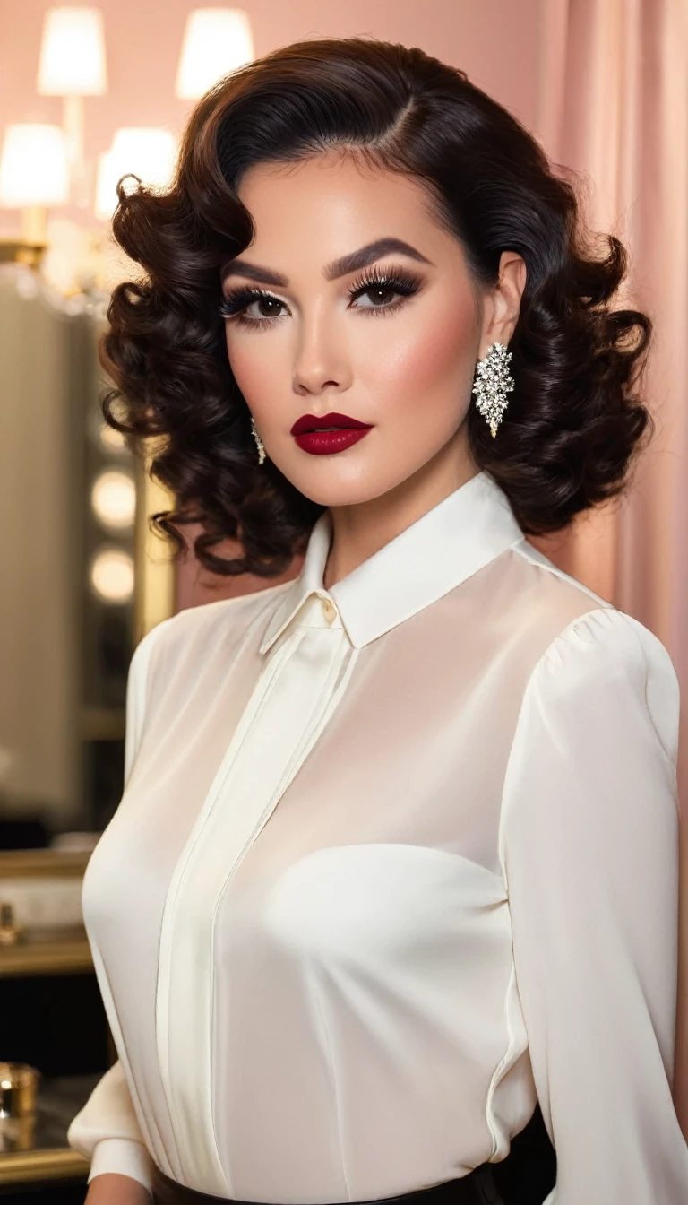 The image features a woman exuding an air of elegance and glamour. Her makeup is done in a sophisticated style, with defined eyeliner, voluminous lashes, and a bold lip color that adds a touch of drama to her look. Her hair is styled in loose curls, enhancing her overall allure. She is wearing a white blouse with a subtle detail on the collar, which adds a touch of refinement to her attire. The lighting in the photograph is warm and soft, highlighting her features and creating a glamorous atmosphere. The background suggests an upscale setting, possibly a dressing room or a boutique, with a mirror and lights that contribute to the luxurious ambiance.