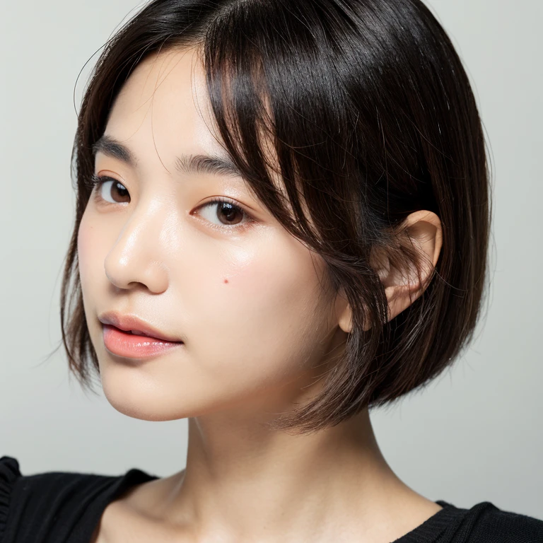 ((超detailedな)), ((highest quality)), ((masterpiece)), (detailed), Perfect Face, Beautiful Face, Facing directly ahead, looking at the camera, The skin texture is natural, 毛穴が細かく識別できるほどdetailedである必要があります, Skin should be even-toned and healthy looking, Bobcut, Black Hair, Break it down by using natural light and color, Close-up of face,