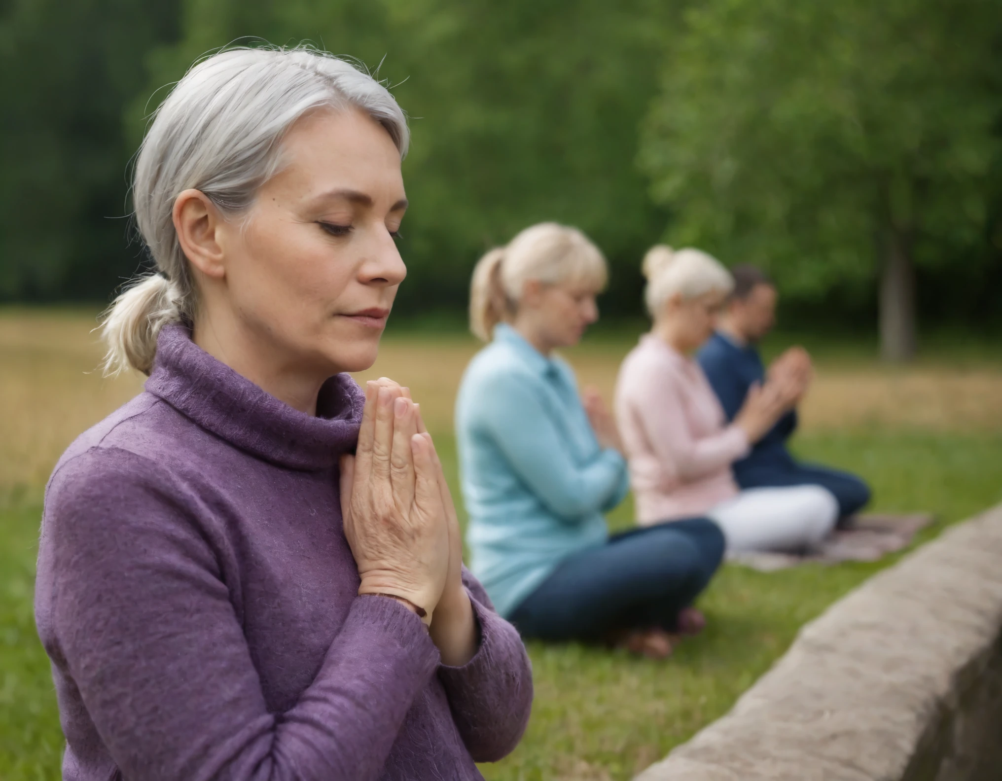 Eine Frau auf einer Parkbank auf einem Berg. Hands folded in prayer.