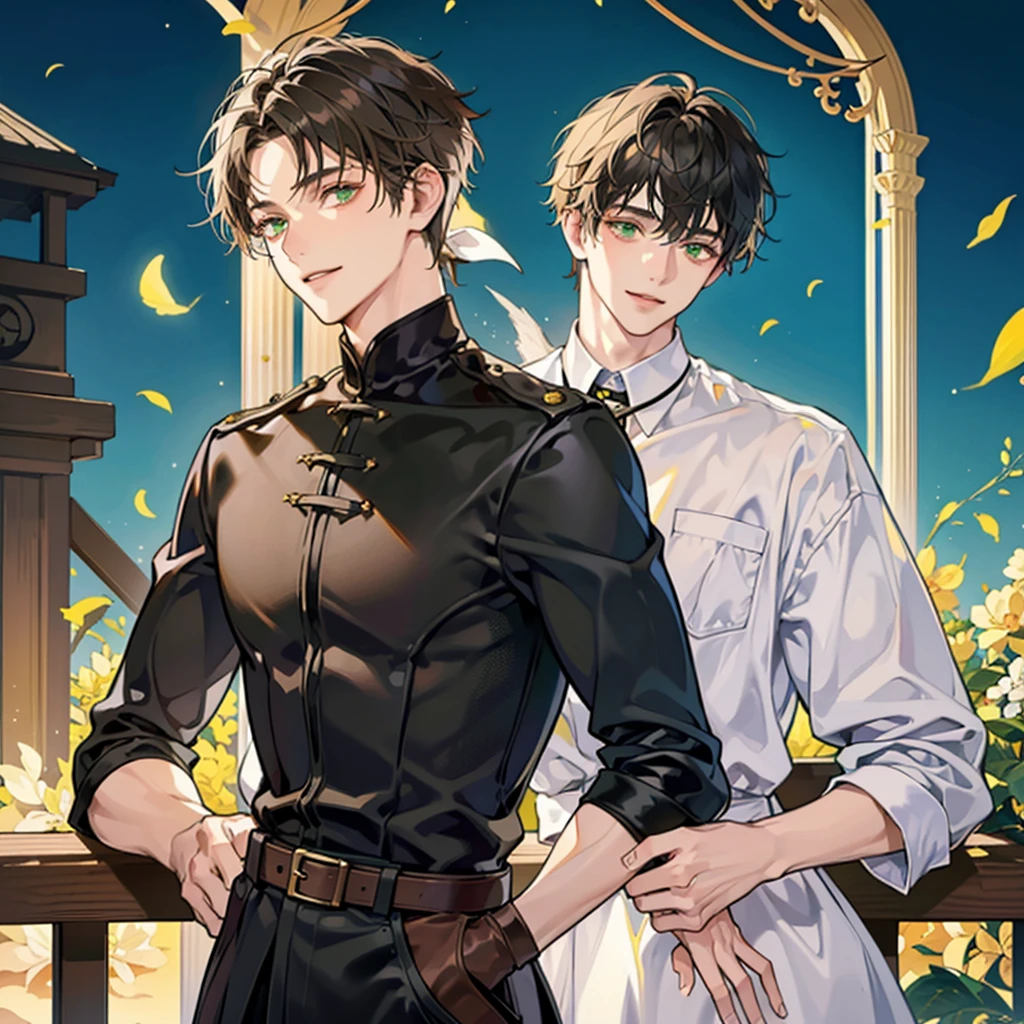 Two young men hugging.one is beautiful ,18years old with white short hair and green eyes with cute smile.the other is serious characterized ,23years old with black wolfy haircut and yellowish brown eyes,smiling with soft smile