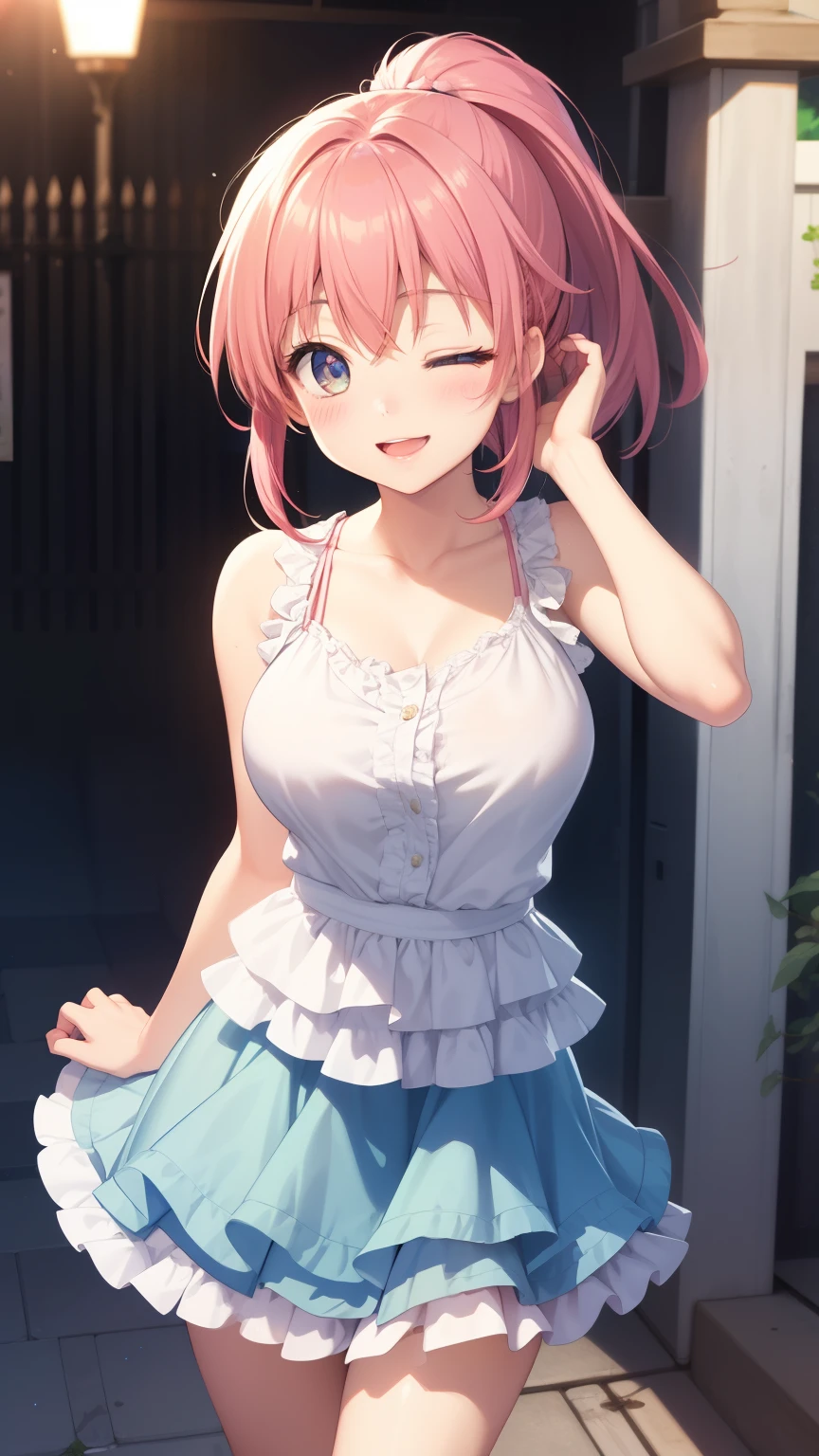 1girl, natural lighting, masterpiece, highly detailed, illustration, game CG, absurdres, high quality, aichan, large breasts, beautiful detailed eyes, short bright pink hair, ponytail, bangs, light smile, frilly sleeveless top, collarbone, miniskirt, layered skirt, tiered skirt, outside, dynamic pose, one eye closed