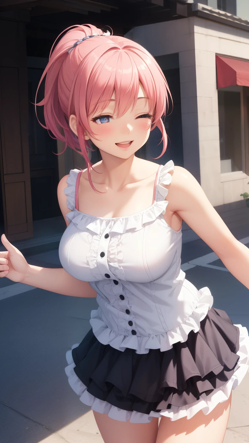 1girl, natural lighting, masterpiece, highly detailed, illustration, game CG, absurdres, high quality, aichan, large breasts, beautiful detailed eyes, short bright pink hair, ponytail, bangs, light smile, frilly sleeveless top, collarbone, miniskirt, layered skirt, tiered skirt, outside, dynamic pose, one eye closed