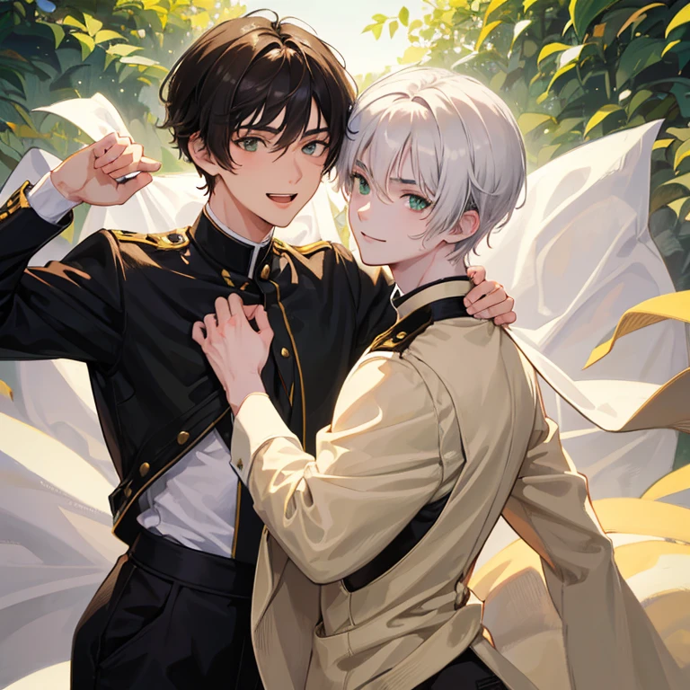 Two young men hugging.one is beautiful ,18years old with white short hair and green eyes with cute smile.the other is serious characterized ,23years old with black wolfy haircut and yellowish brown eyes,smiling with soft smile