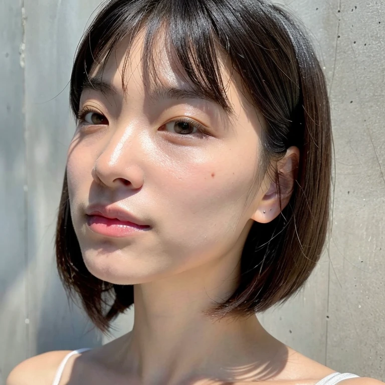 ((超detailedな)), ((highest quality)), ((masterpiece)), (detailed), Perfect Face, Beautiful Face, (((Facing directly ahead))), looking at the camera, The skin texture is natural, 毛穴が細かく識別できるほどdetailedである必要があります, Skin should be even-toned and healthy looking, Bobcut, Black Hair, Break it down by using natural light and color, Close-up of face,