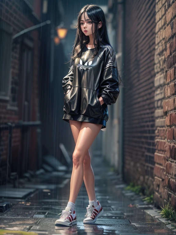 {Freya Tingley, slender, slim waist, perfect body, it's raining, she's in an alley Against a wall, Brick wall, doodling, Dim lighting, alley, it's raining, rainy weather, cloudy sky raining, she's all wet) , (long black hair), (detailed eyes), (bright green eyes), (shy appearance wearing large shirt, broad shoulders and very short black genuine leather skirt), ((white Adidas sneakers), full body, bottom view .
