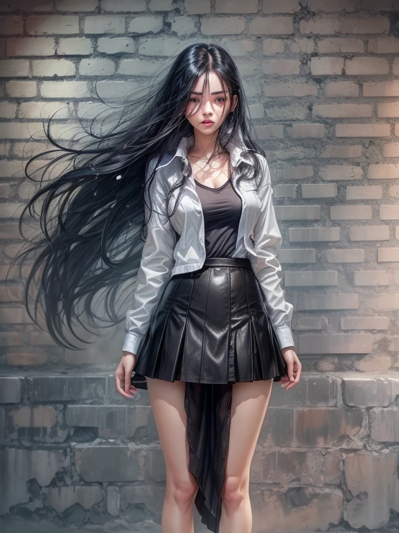 {Freya Tingley, slender, slim waist, perfect body, it's raining, she's in an alley Against a wall, Brick wall, doodling, Dim lighting, alley, it's raining, rainy weather, cloudy sky raining, she's all wet) , (long black hair), (detailed eyes), (bright green eyes), (shy appearance wearing large shirt, broad shoulders and very short black genuine leather skirt), ((white Adidas sneakers), full body, bottom view .