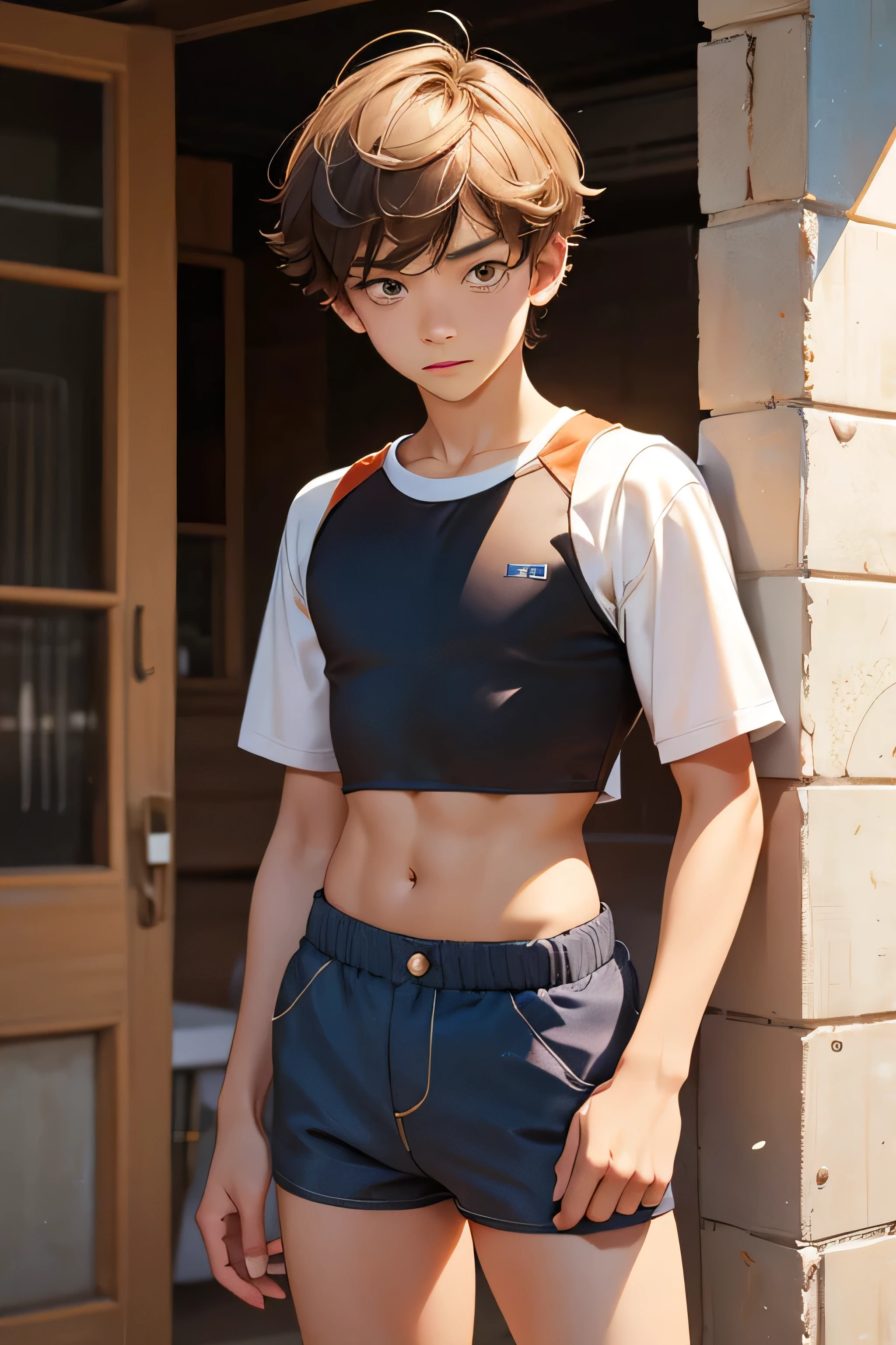 Teen boy 14 years old, boy wears a crop top and too very short shorts,