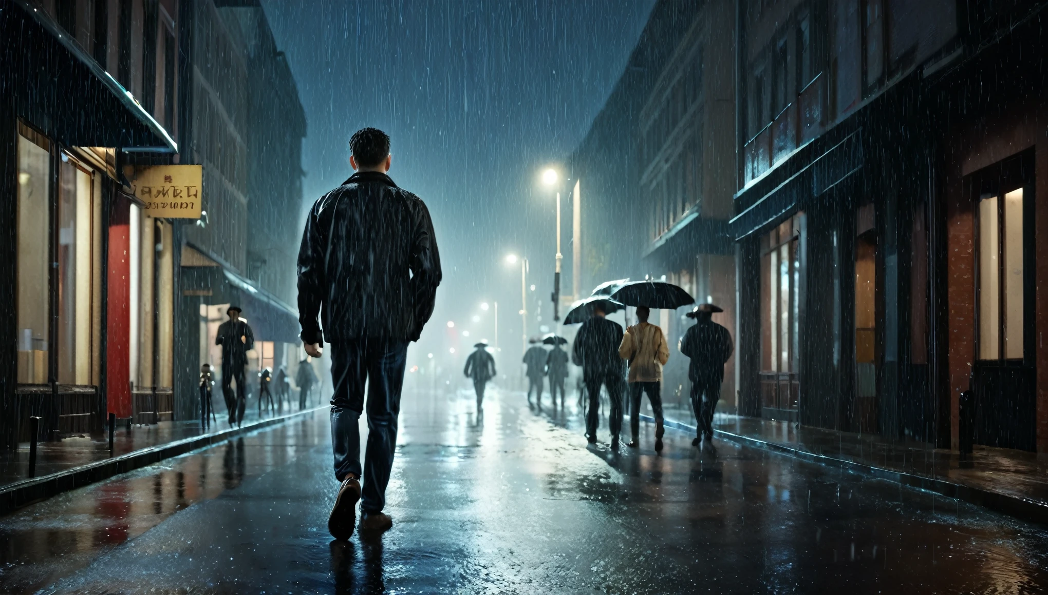 (best quality:1.2,highly realistic:1.1,ultra-detailed,richly detailed,wide-angle),rainy night,empty street,a man with a crew cut hairstyle walking away